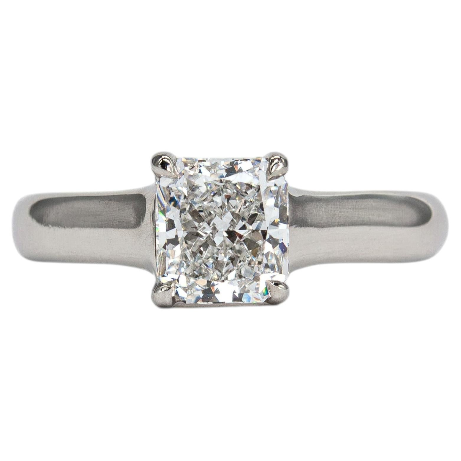 Tiffany & Co GIA 0.90 E VVS2 Radiant Cut Diamond Platinum Solitaire Ring For Sale