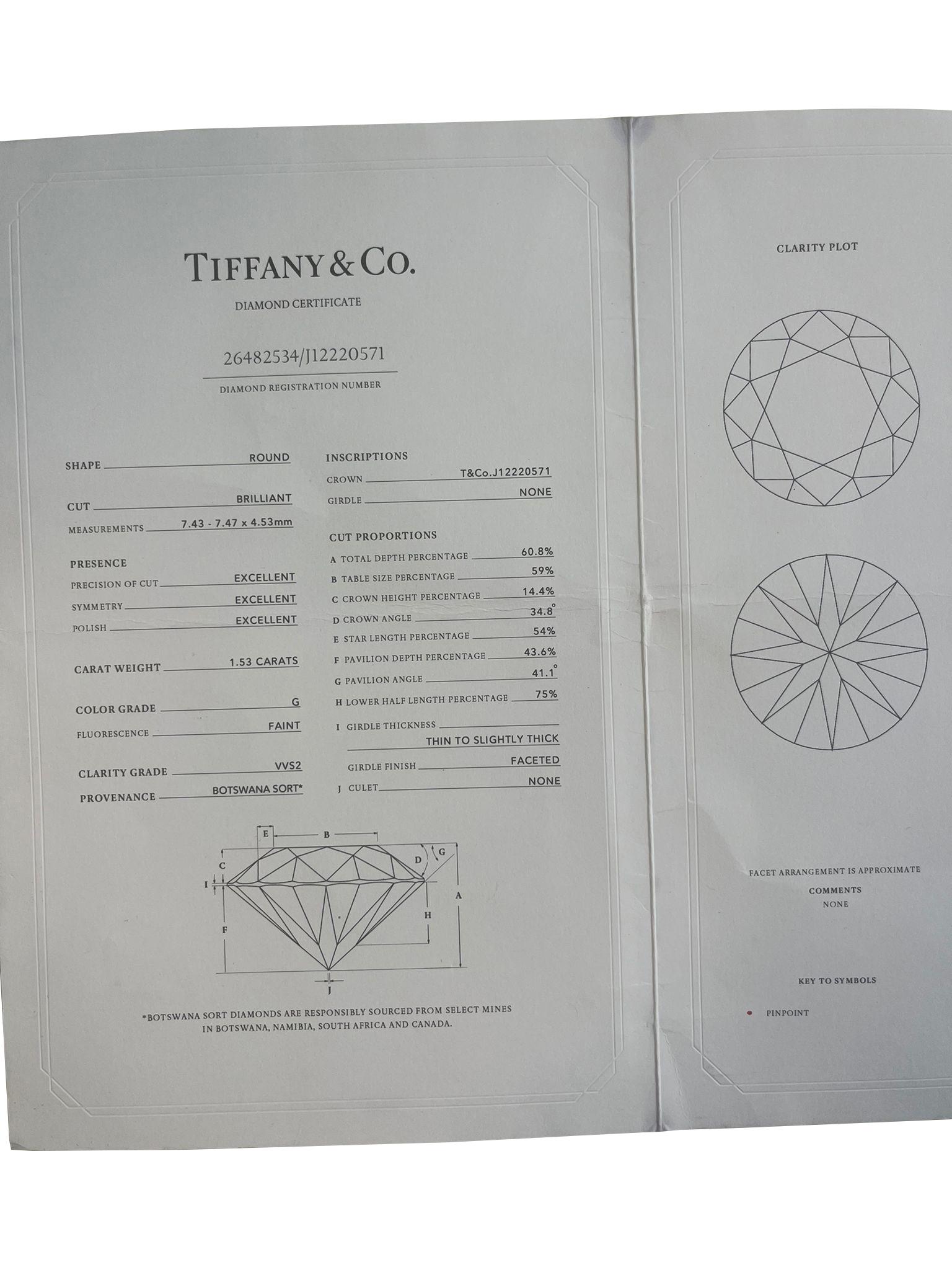 Tiffany & Co, bague de fiançailles en platine avec diamant rond de taille naturelle de 1,53 carat certifié GIA en vente 8