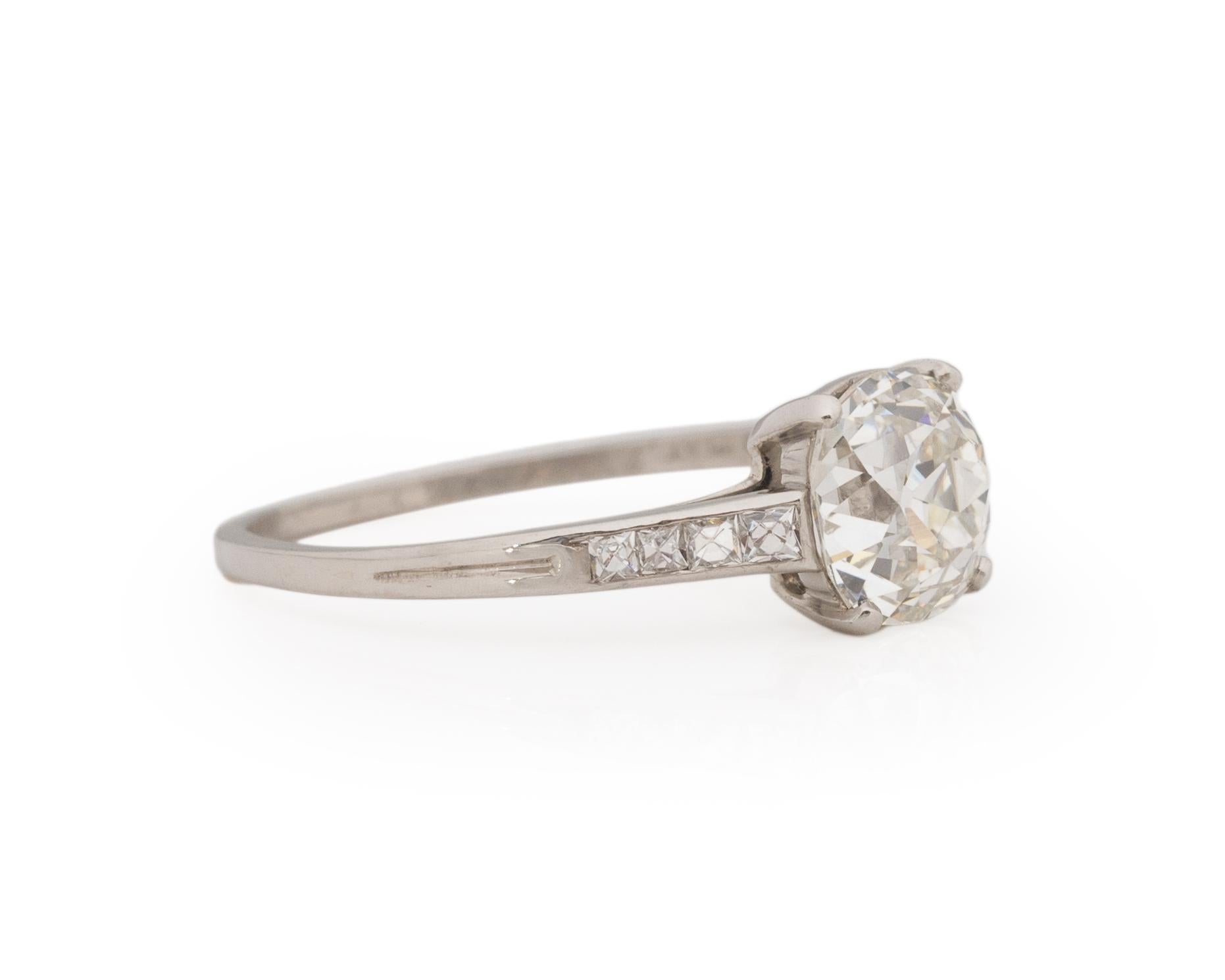 Ring Size: 7.25
Metal Type: Platinum [Hallmarked, and Tested]
Weight: 3.0 grams

Diamond Details:
GIA REPORT #:6224451244
Weight: 1.68ct
Cut: Old Mine Brilliant ( Antique Cushion )
Color: I
Clarity: VS2
Measurements: 7.14mm x 6.98mm x 4.89mm

Finger