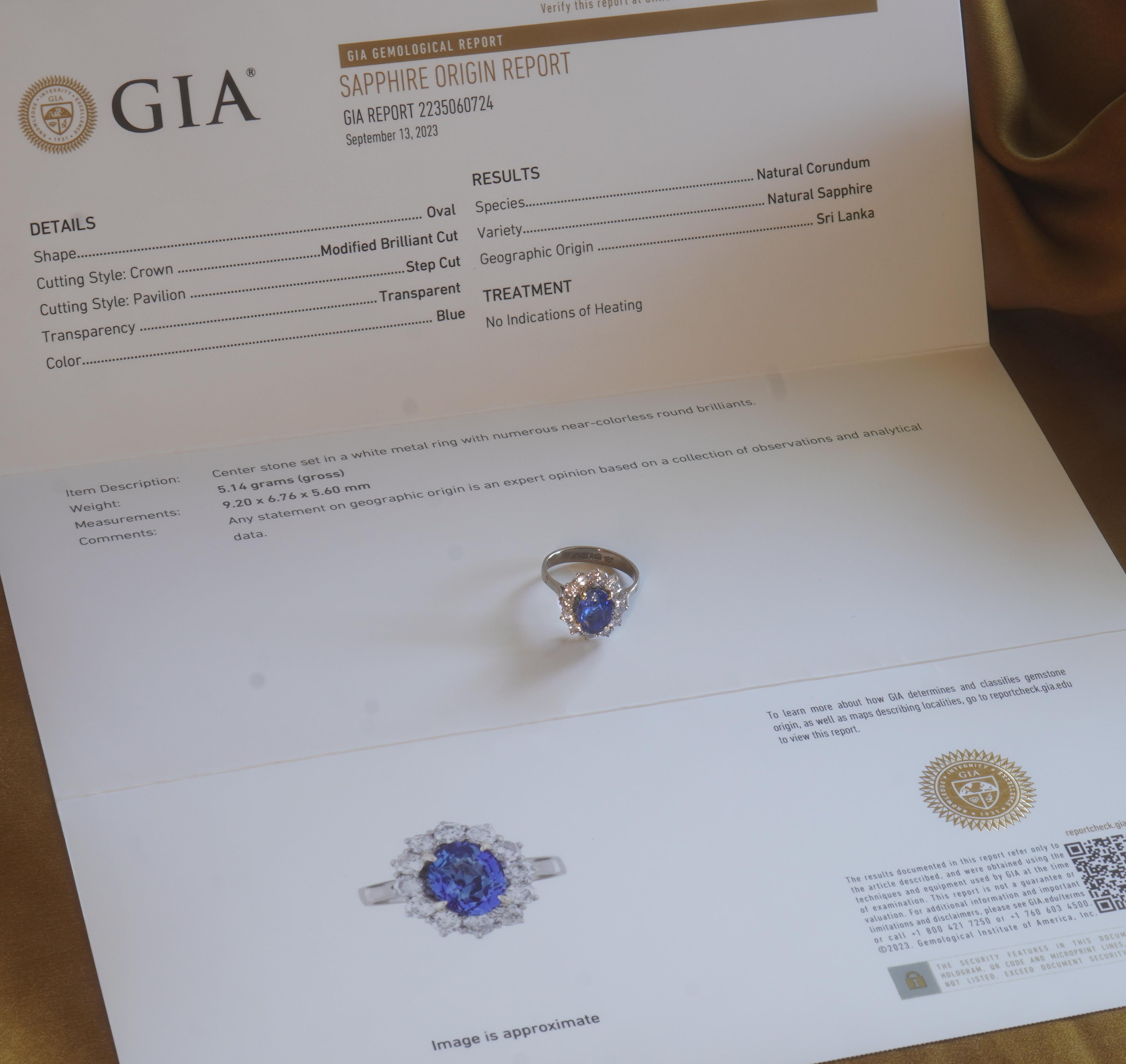 Oval Cut Tiffany & Co GIA 18K Blue Sapphire Diamond Ring Unheated Vintage Ceylon 4.55 Cts