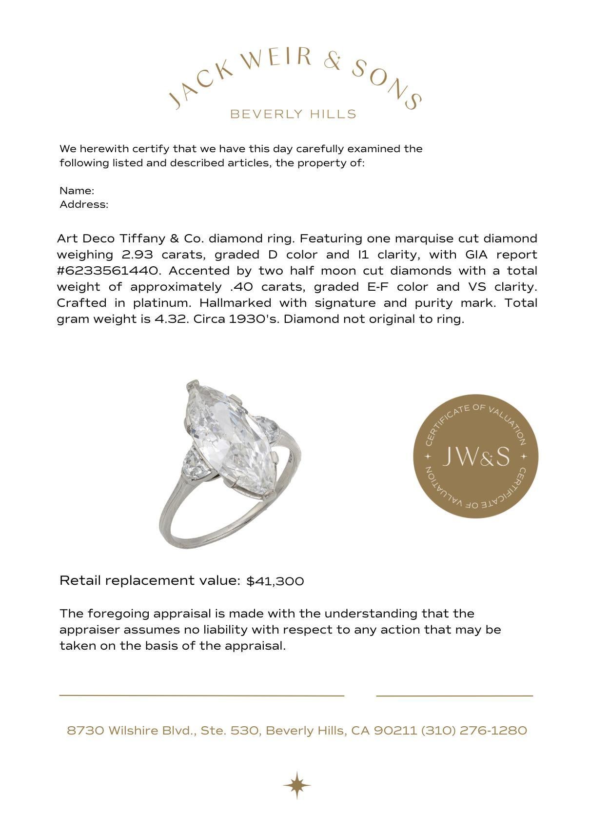 Tiffany & Co. GIA Bague de fiançailles en platine avec diamant taille marquise de 2.93 carat en vente 1