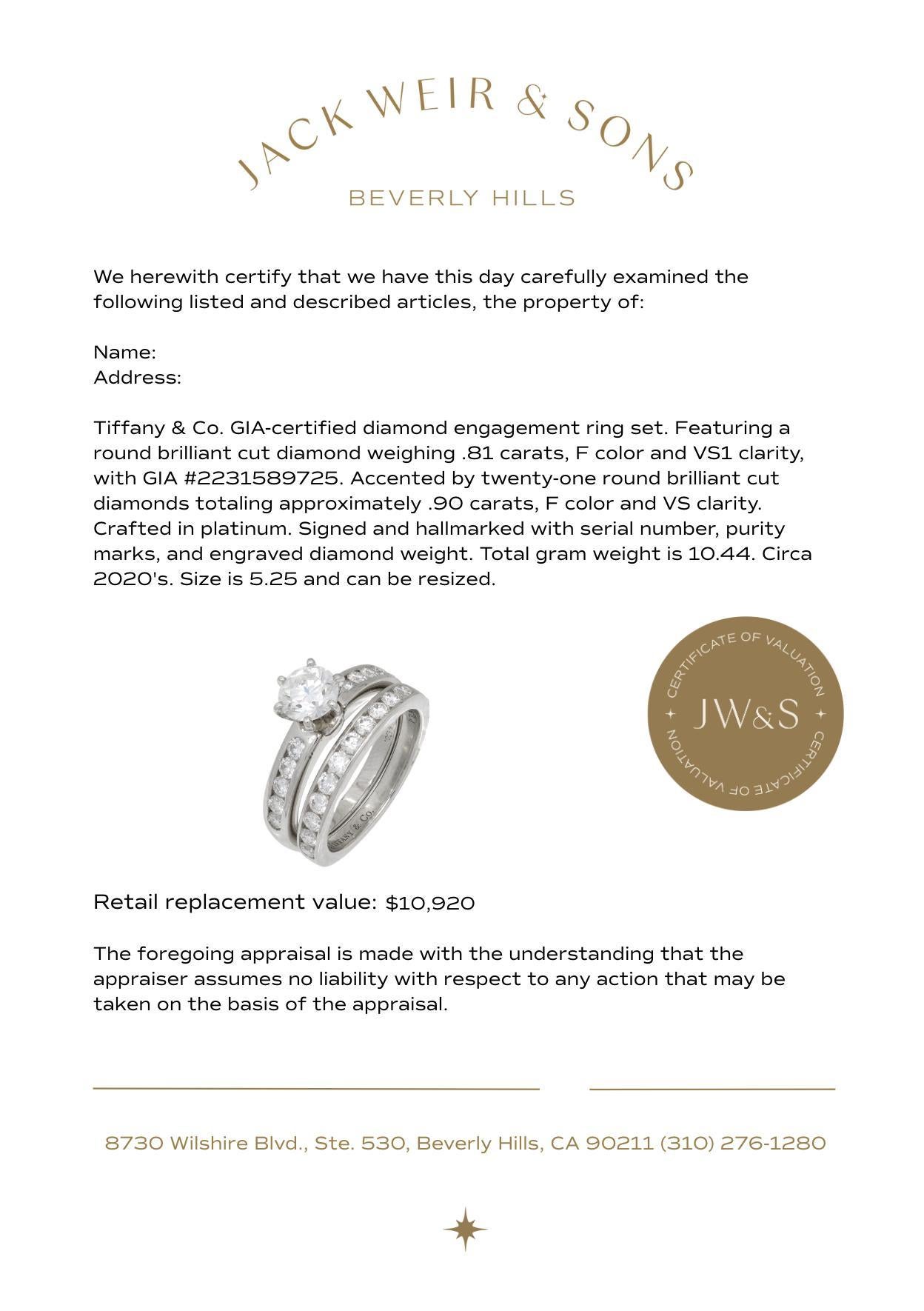Tiffany & Co. GIA .81 carat diamond platinum engagement ring set en venta 1