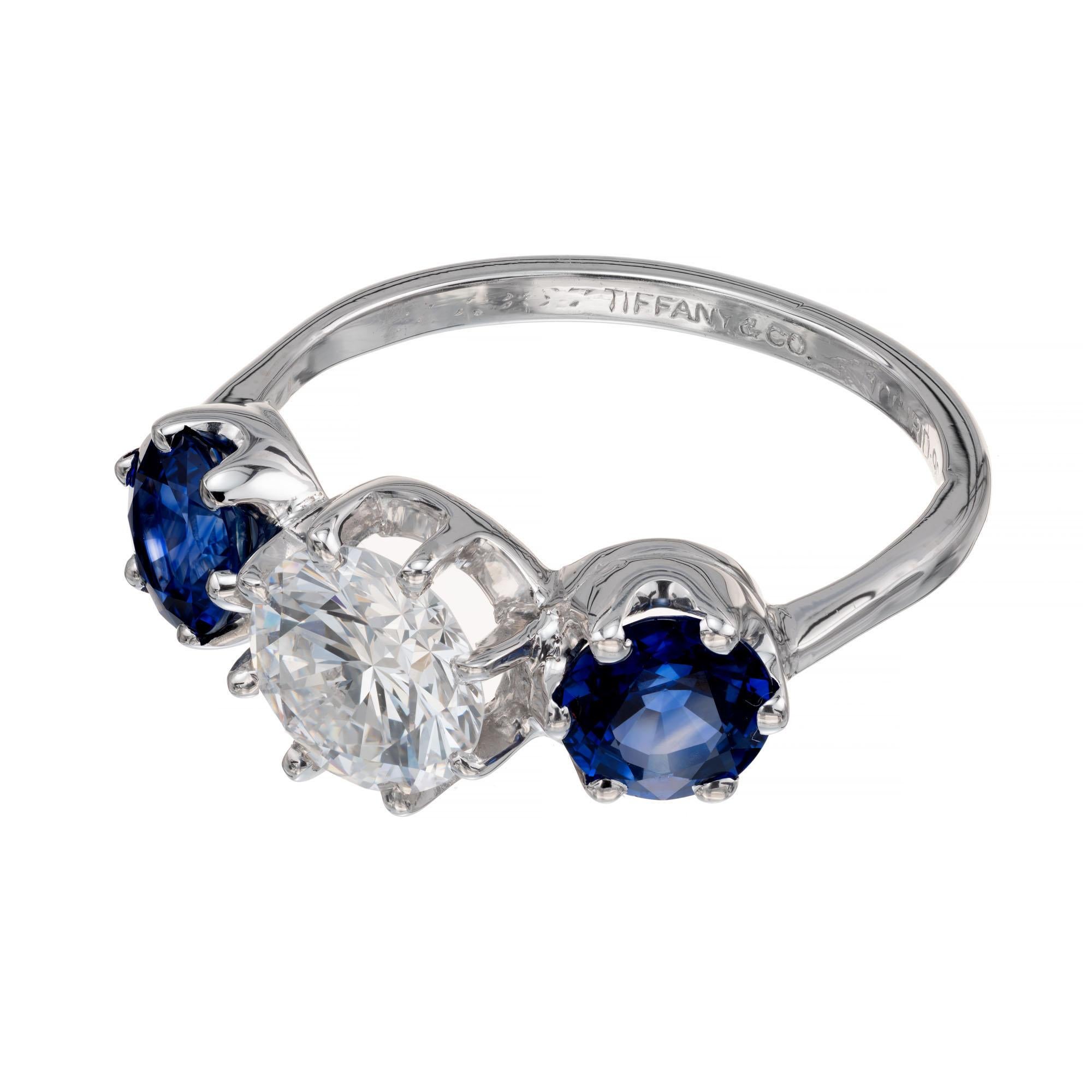Tiffany & Co. GIA Certified 1.11 Carat Diamond Blue Sapphire Engagement Ring In Excellent Condition In Stamford, CT