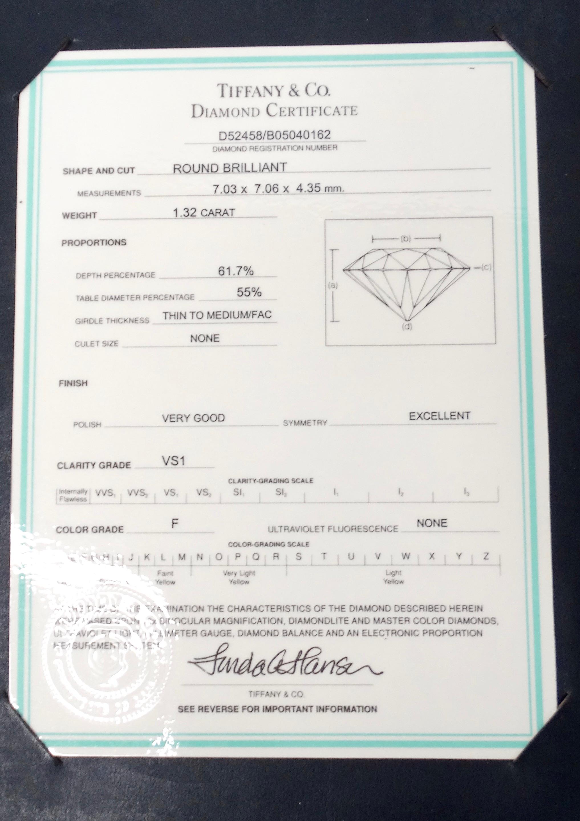Tiffany & Co. GIA Certified 1.32 Carat Round Brilliant Diamond Engagement Ring For Sale 5