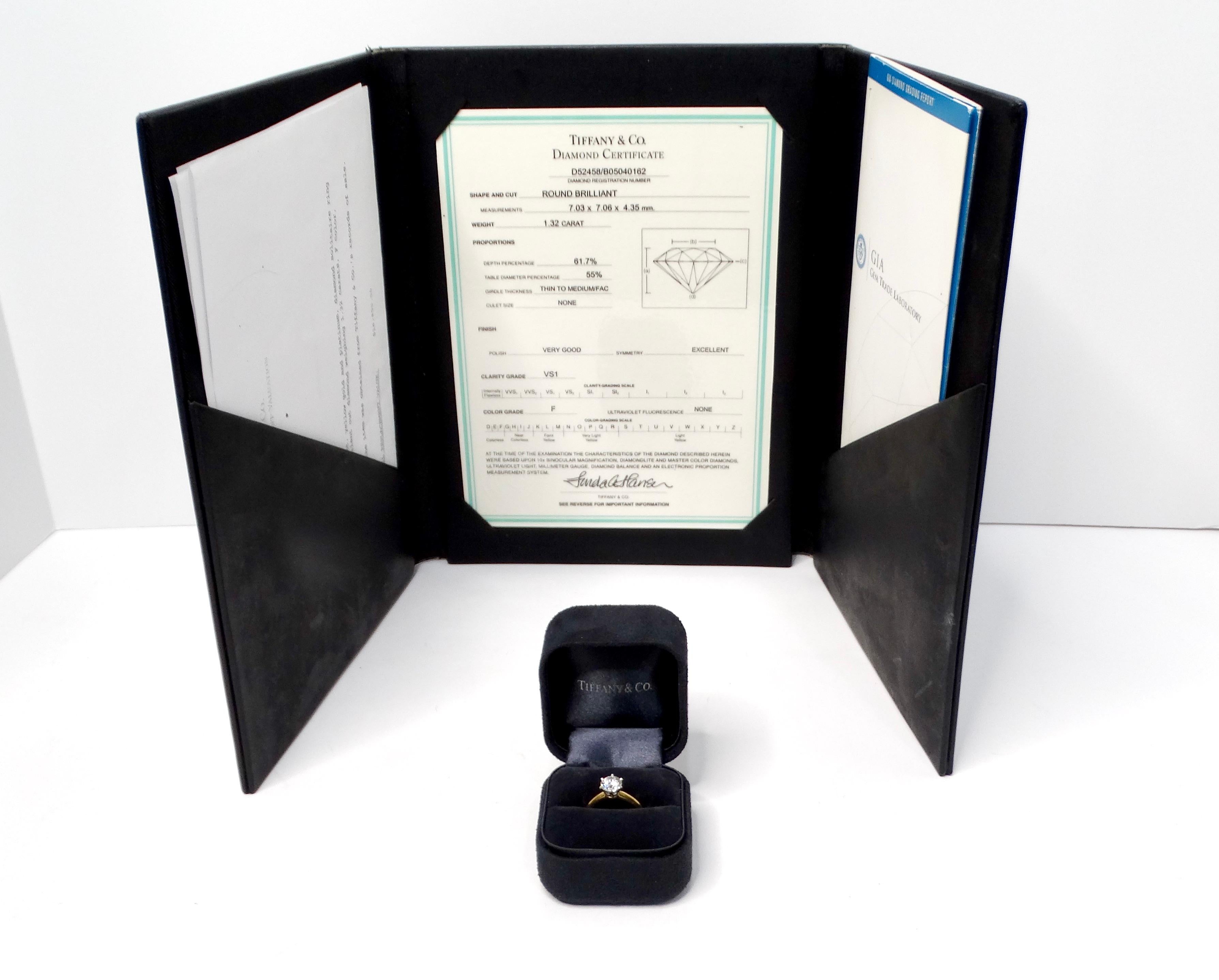 Tiffany & Co. GIA Certified 1.32 Carat Round Brilliant Diamond Engagement Ring In Good Condition For Sale In Scottsdale, AZ