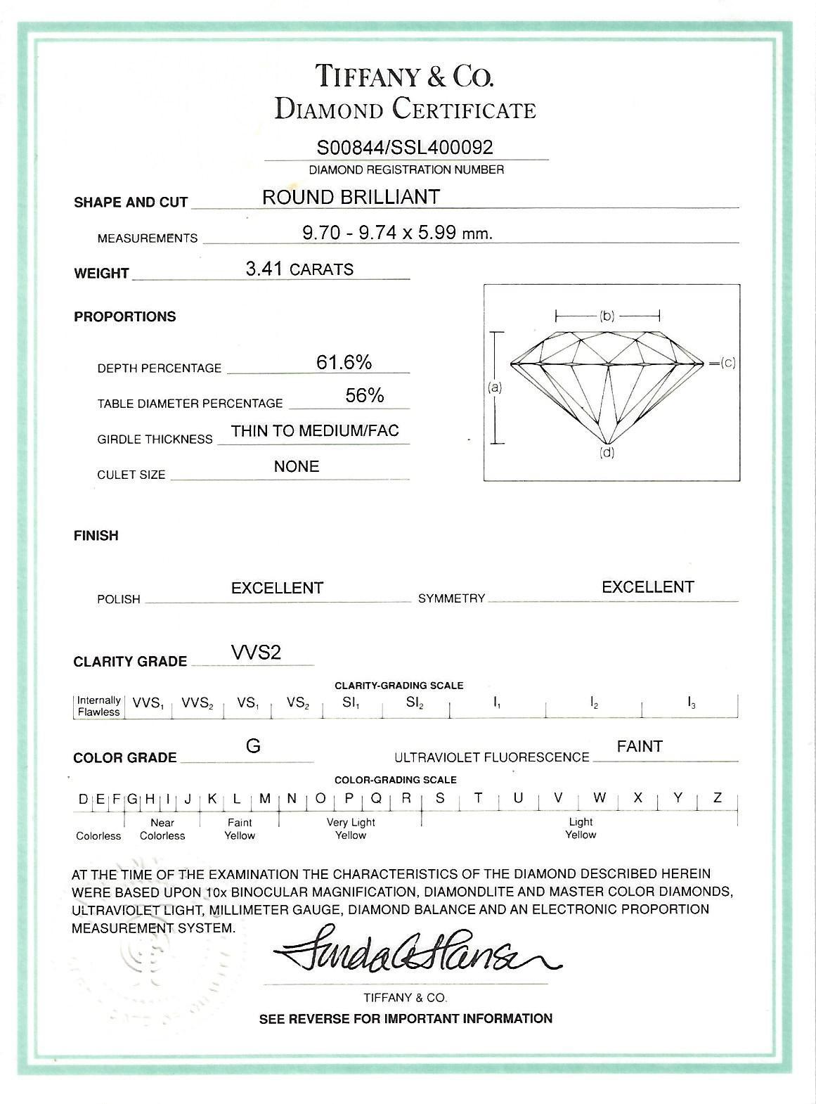 Women's Tiffany & Co. GIA Certified 3.41 Carat G/VVS2 Round Diamond Engagement Ring