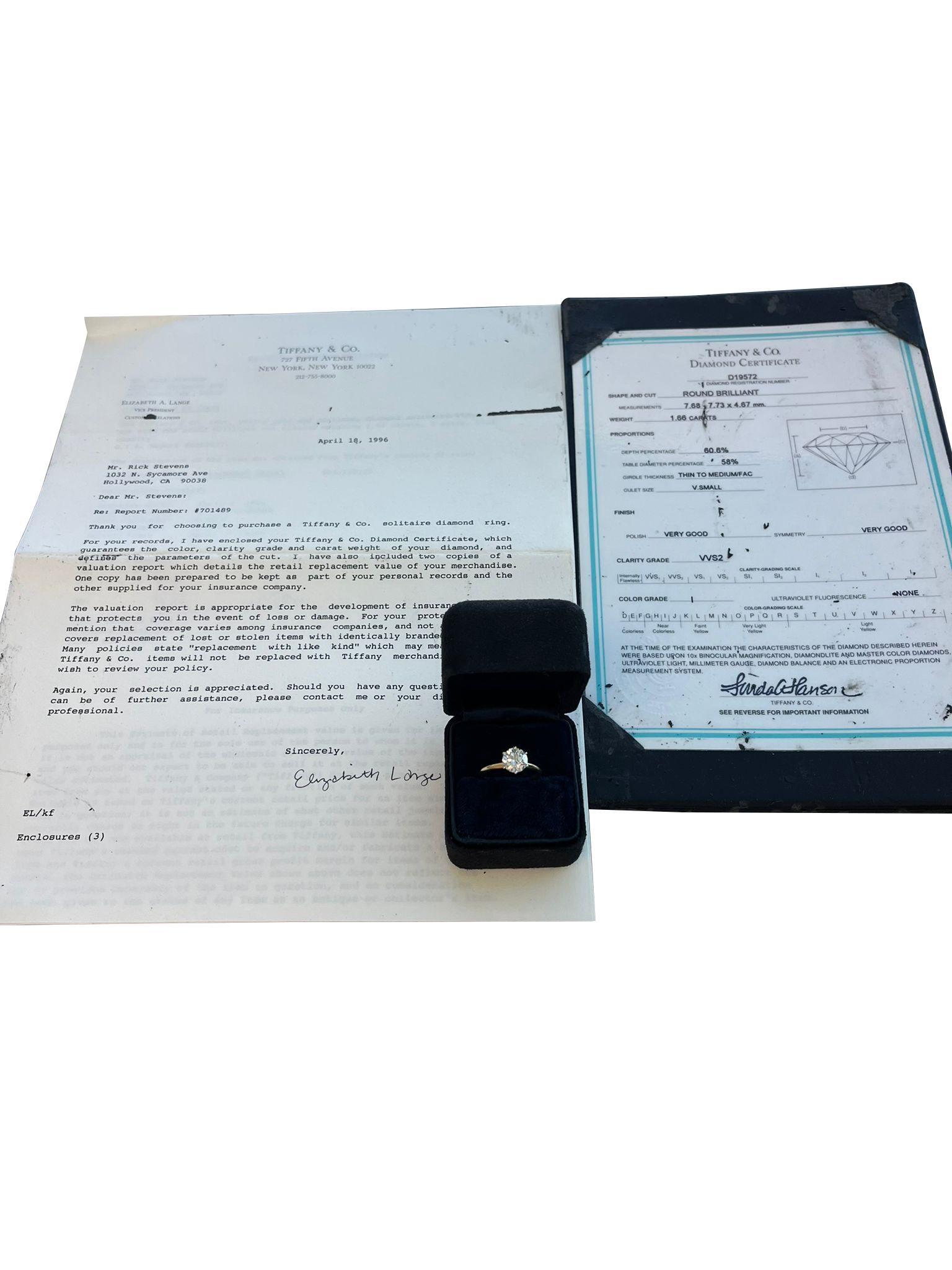 Tiffany & Co GIA Natural Round Diamond Engagement Ring VVS2 18k Yellow Gold In Excellent Condition In Aventura, FL