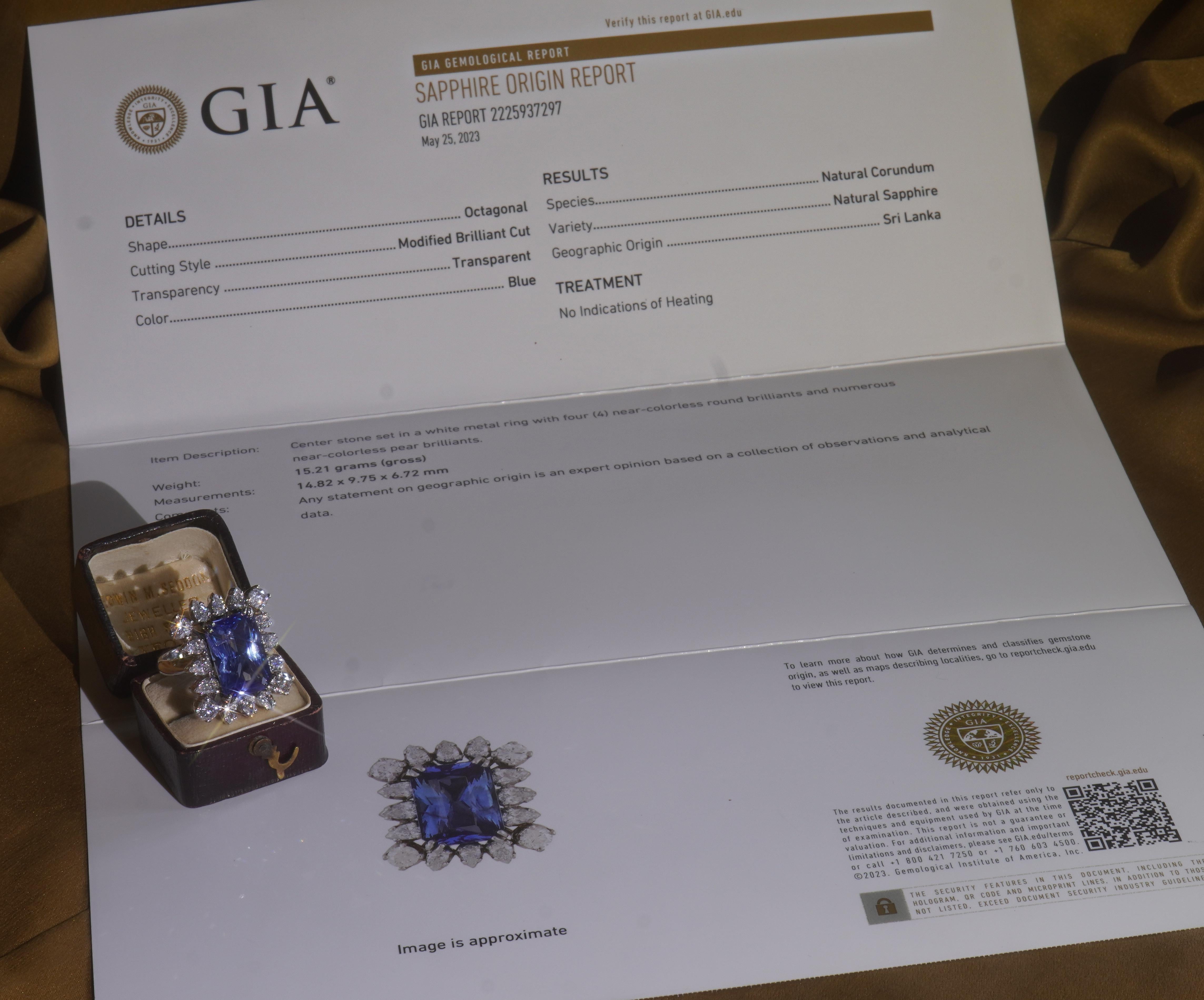 Emerald Cut Tiffany & Co. GIA Platinum Blue Sapphire Diamond Ring Unheated Ceylon 15.60 CTS For Sale