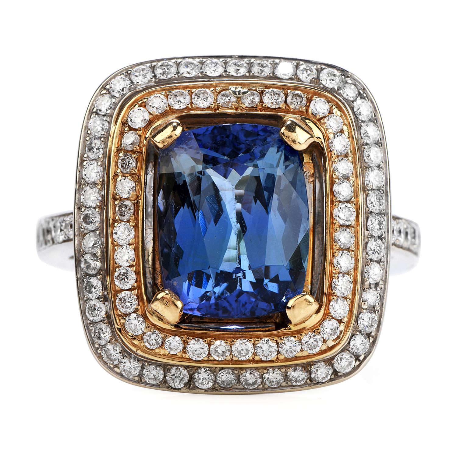 Estate Tiffany & Co. Cocktail & Engagement Cocktail  Ring, with a center GIA certified Tanzanite.

Crafted in solid heavy 18K White Gold & Yellow Gold accents, the center is adorned by a GIA certified Tanzanite of approximately 4.41 carats. 

The