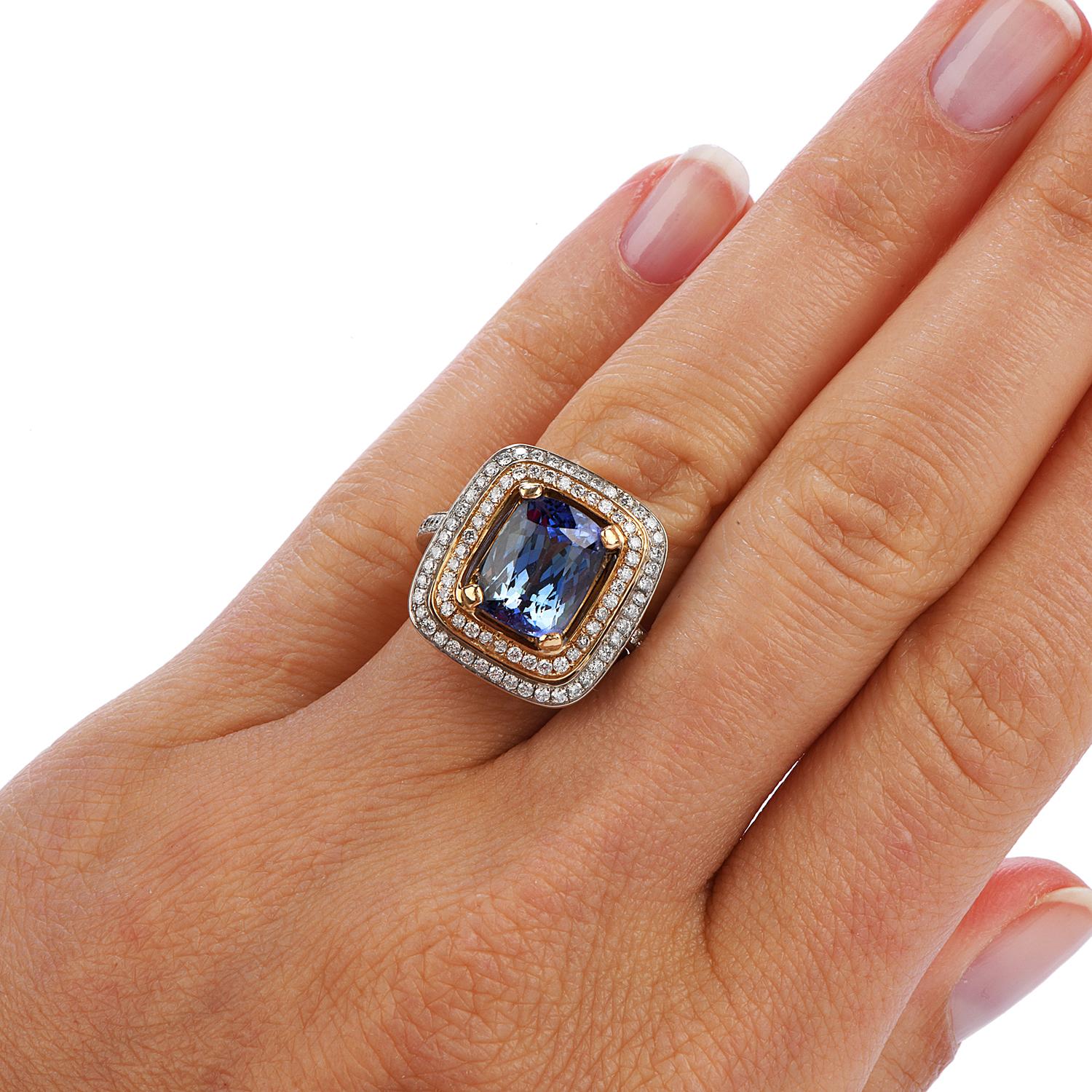 Tiffany & Co. GIA Tanzanite Diamond 18k Gold Vintage Cushion Engagement Cocktail In Excellent Condition In Miami, FL