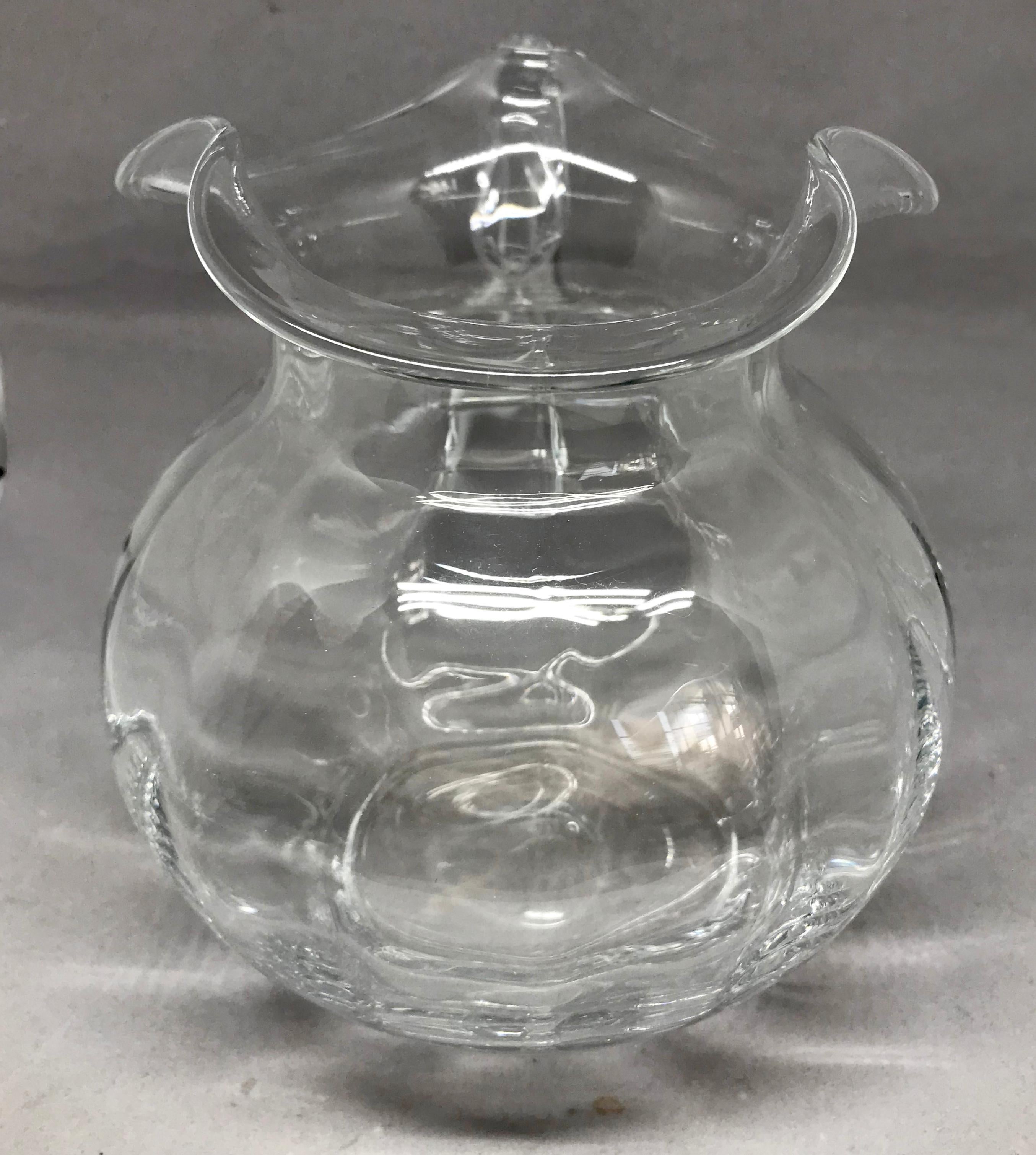 Tiffany & Co. glass pitcher. Classic American glass pitcher in the iconic Tiffany Bundle shape, United States, late 20th century. 
Dimensions: approximately 7