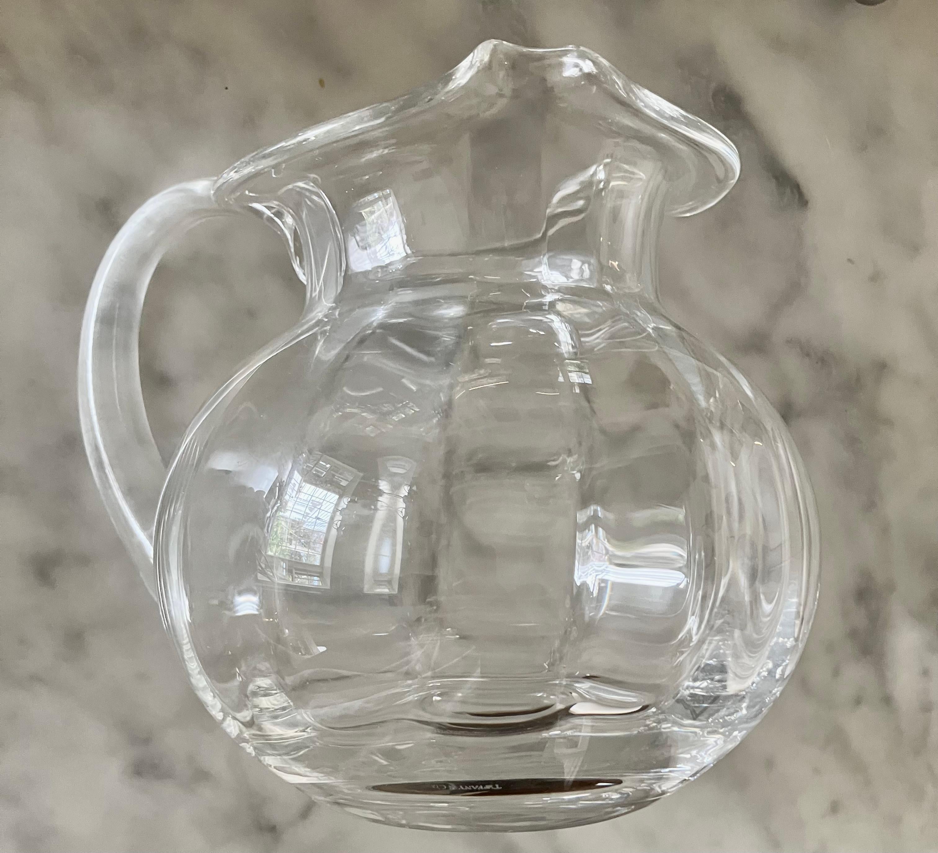 Tiffany & Co. glass pitcher. Classic American glass pitcher in the iconic Tiffany Bundle shape, United States, late 20th century. 
Dimensions: approximately 7