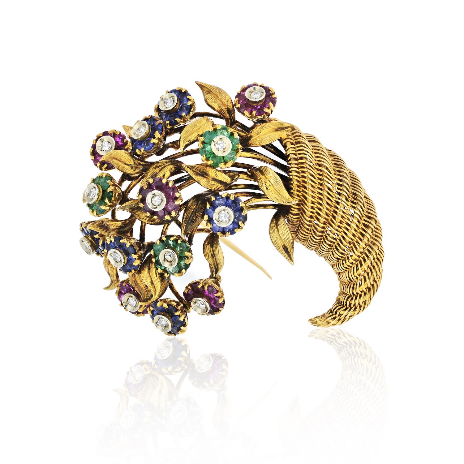 Round Cut Tiffany & Co. Gold 18k Diamond and Gemstone Ruby Sapphire Diamond Flower Brooch