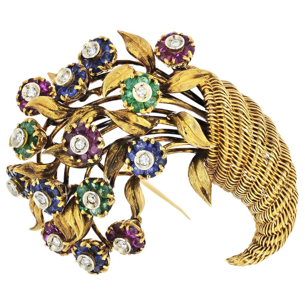 Tiffany & Co. Gold 18k Diamond and Gemstone Ruby Sapphire Diamond Flower Brooch