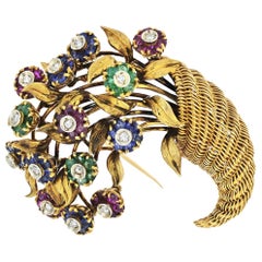 Vintage Tiffany & Co. Gold 18k Diamond and Gemstone Ruby Sapphire Diamond Flower Brooch