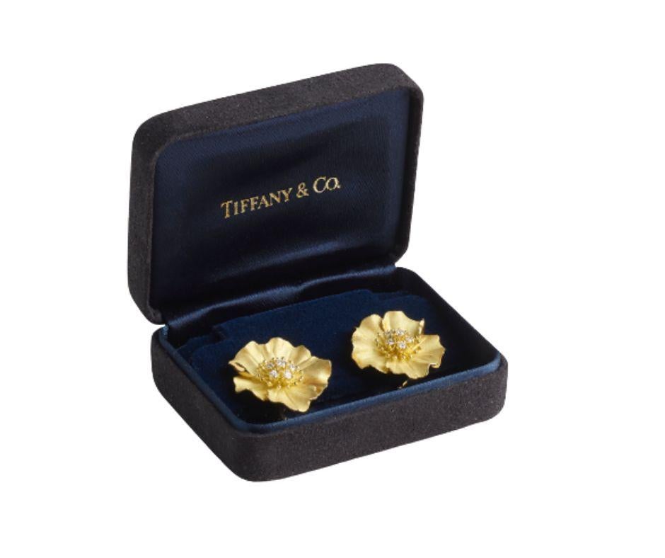 Tiffany & Co. Gold and Diamond Dogwood Floral Clip-On Earrings In Good Condition In Delray Beach, FL