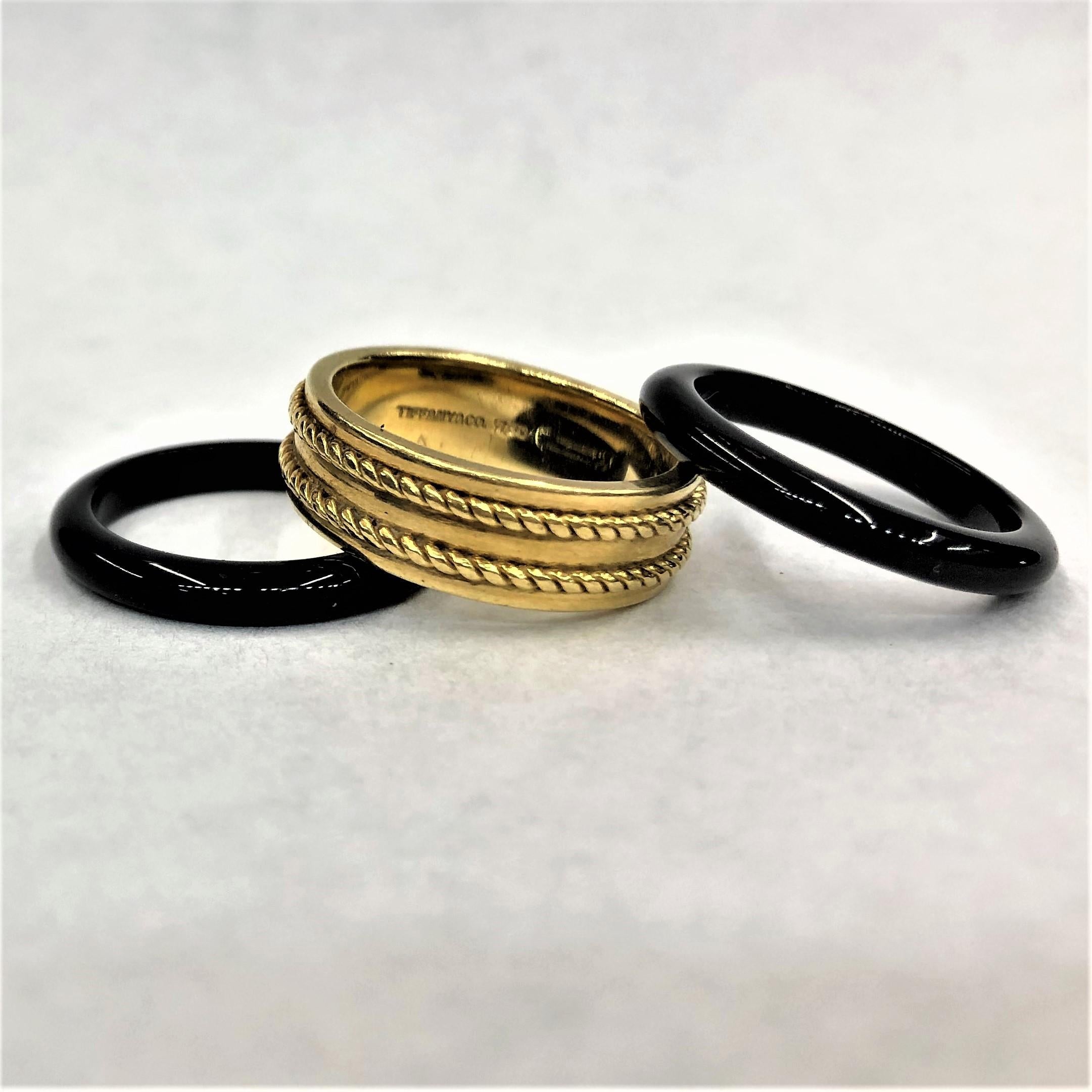 Uncut Tiffany & Co Gold Band With Twisted Rope Motif Stacked A With Pair of Onyx Bands