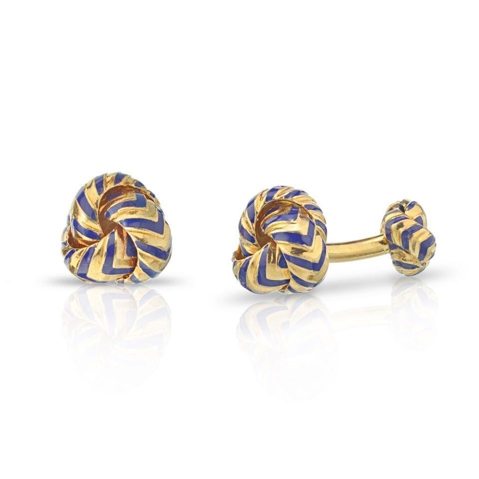 Tiffany & Co. Boutons de manchette à nœuds en or et émail bleu à chevrons Pour hommes en vente