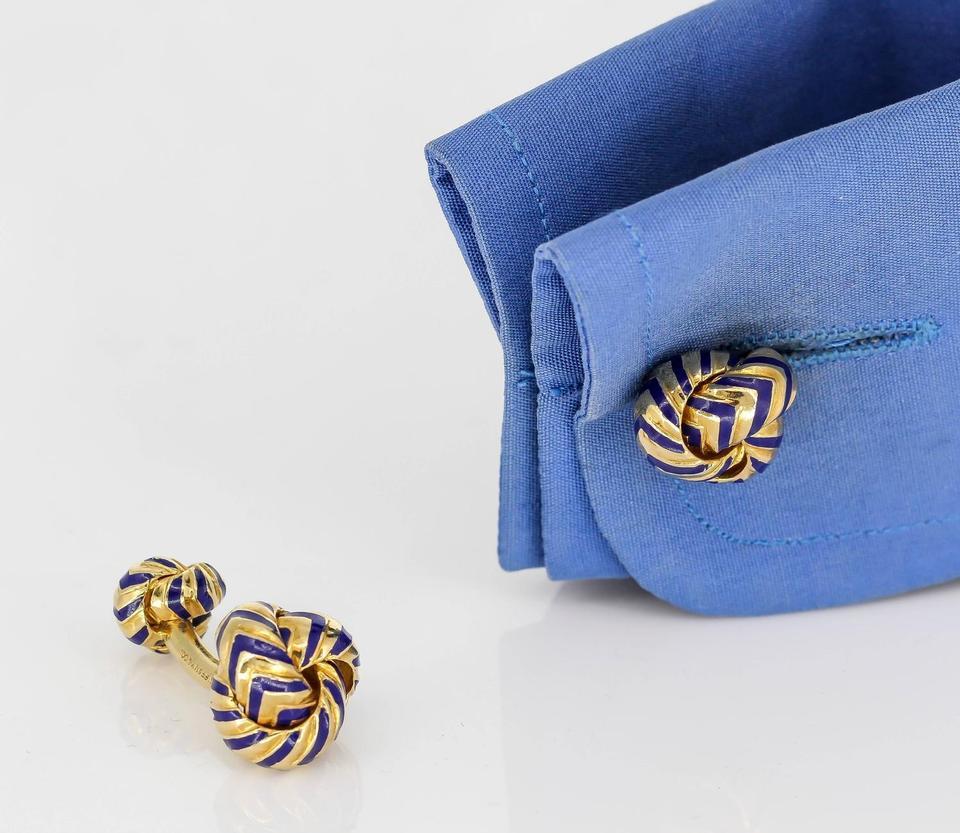 Modern Tiffany & Co. Gold Chevron Blue Enamel Knot Cufflinks For Sale