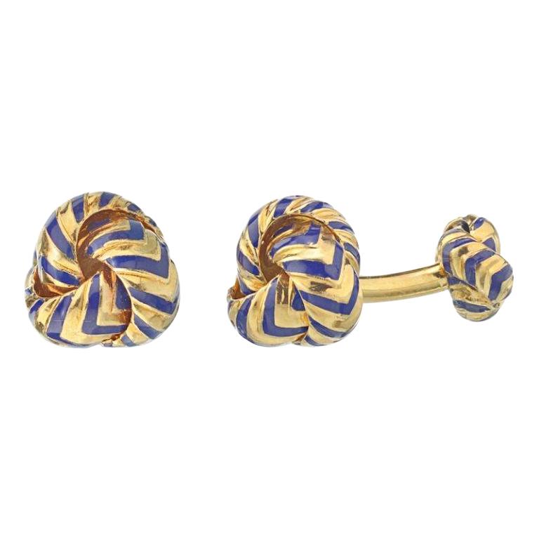 Tiffany & Co. Boutons de manchette à nœuds en or et émail bleu à chevrons