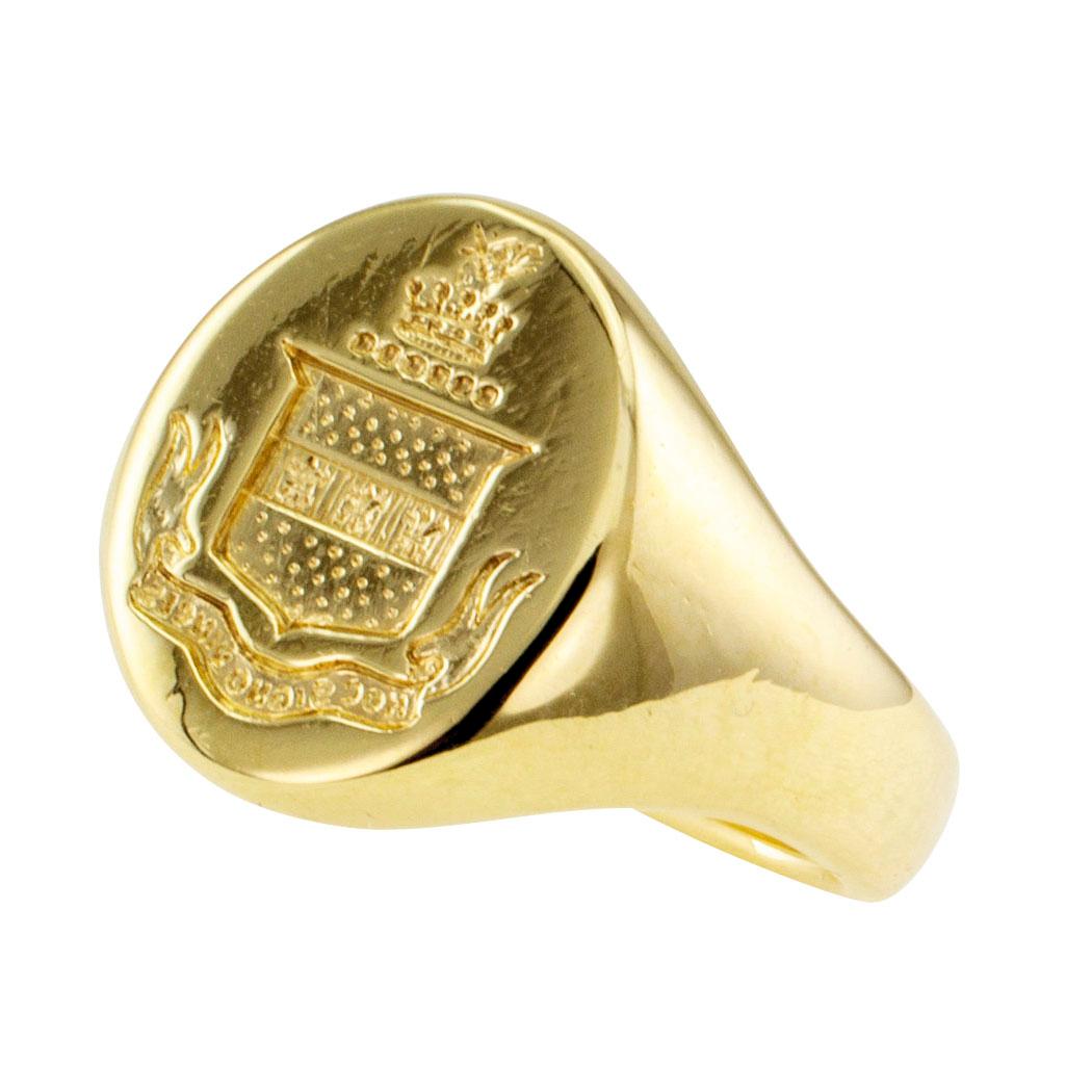 Tiffany & Co gold signet ring circa 1950. Crafted in 14-karat yellow gold, engraved with a crest and signed Tiffany & Co inside the shank. Excellent condition consistent with age and wear. What a special ring for someone special!  For over three