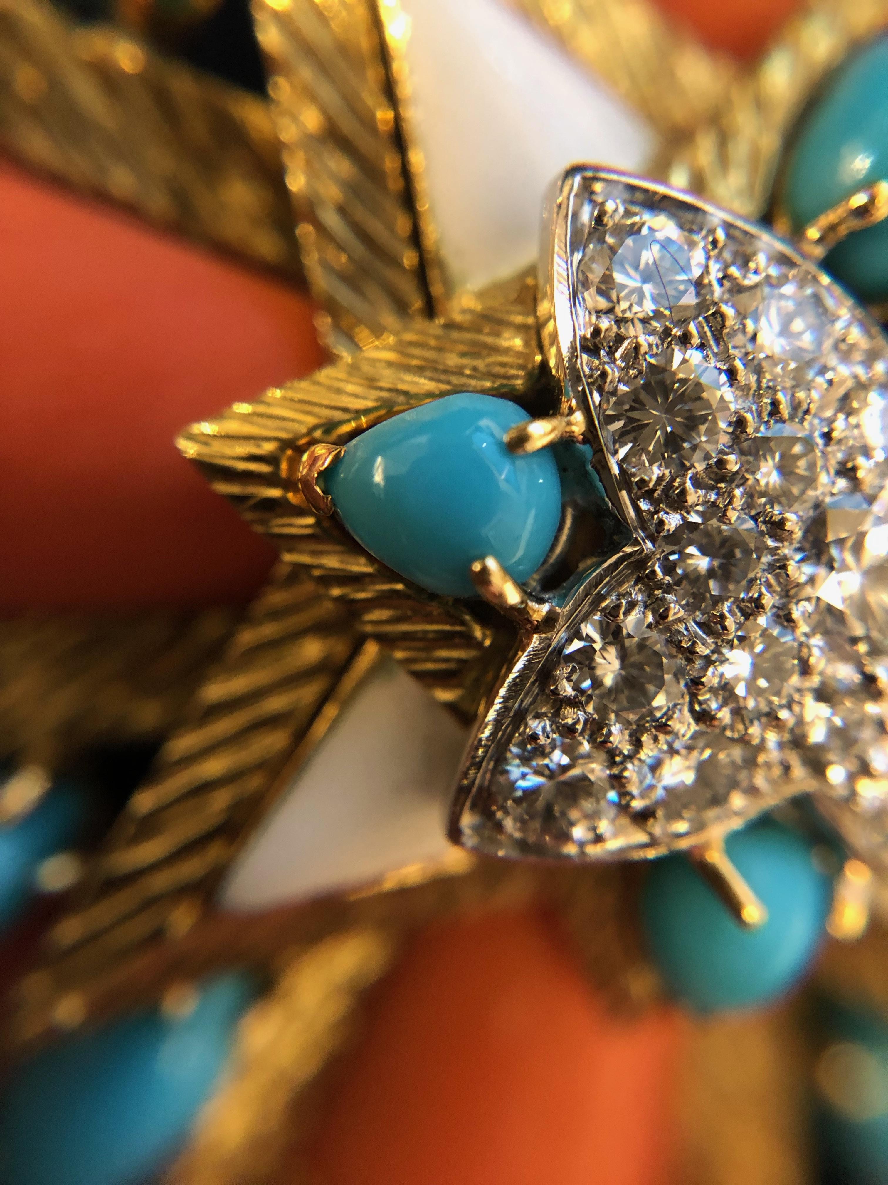 Tiffany & Co. Gold, Diamond, Coral and Turquoise Brooch In Excellent Condition In New York, NY