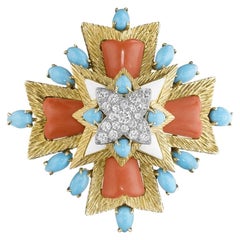 Tiffany & Co. Gold, Diamond, Coral and Turquoise Brooch
