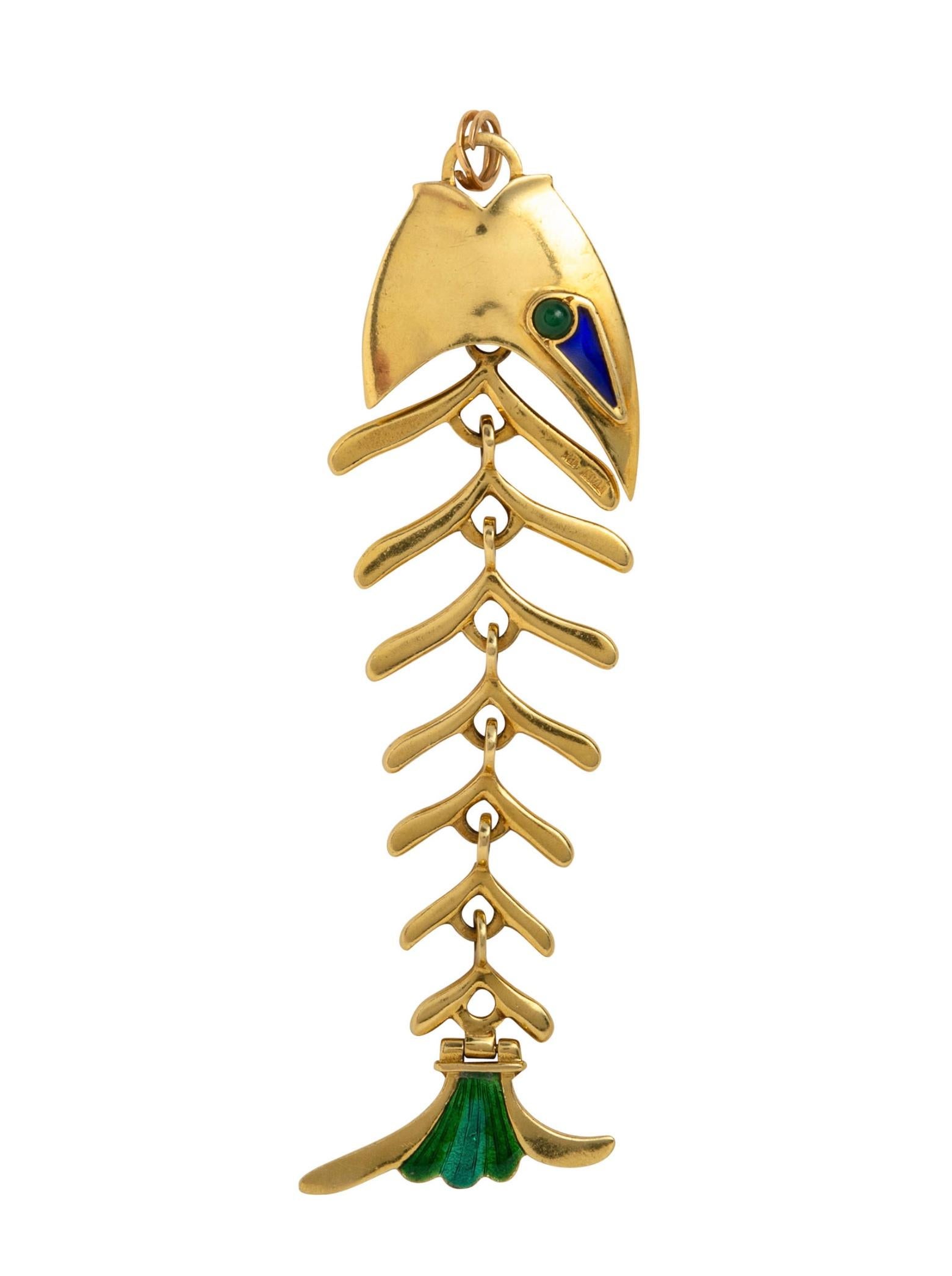 Tiffany & Co 18k gold fish bone movable drop pendant, decorated with green chrysoprase eyes and enamel.  Pendant measures 4.25