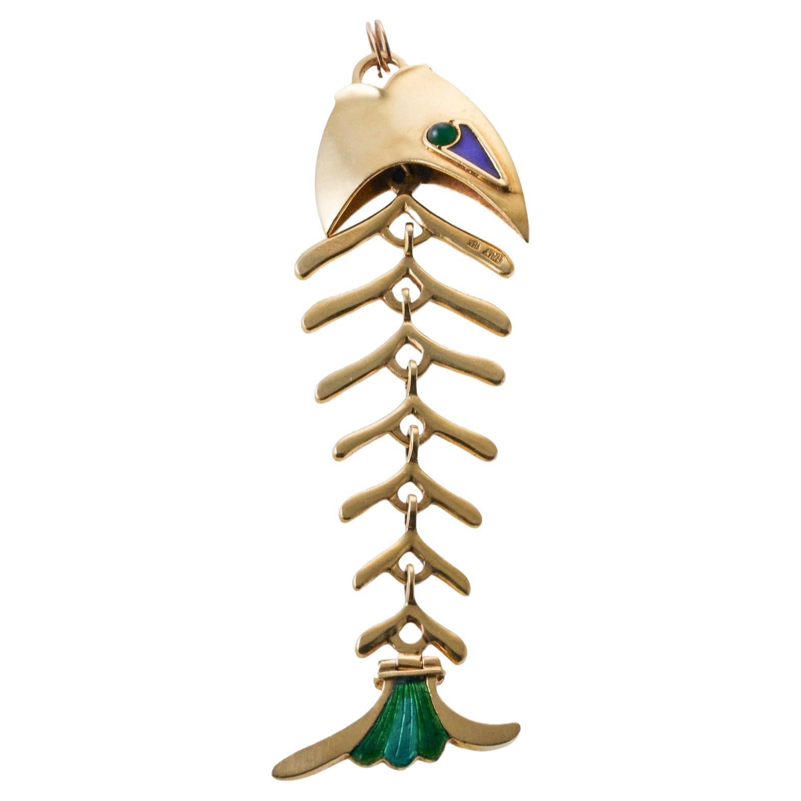 Tiffany & Co Gold Enamel Fish Bone Pendant For Sale