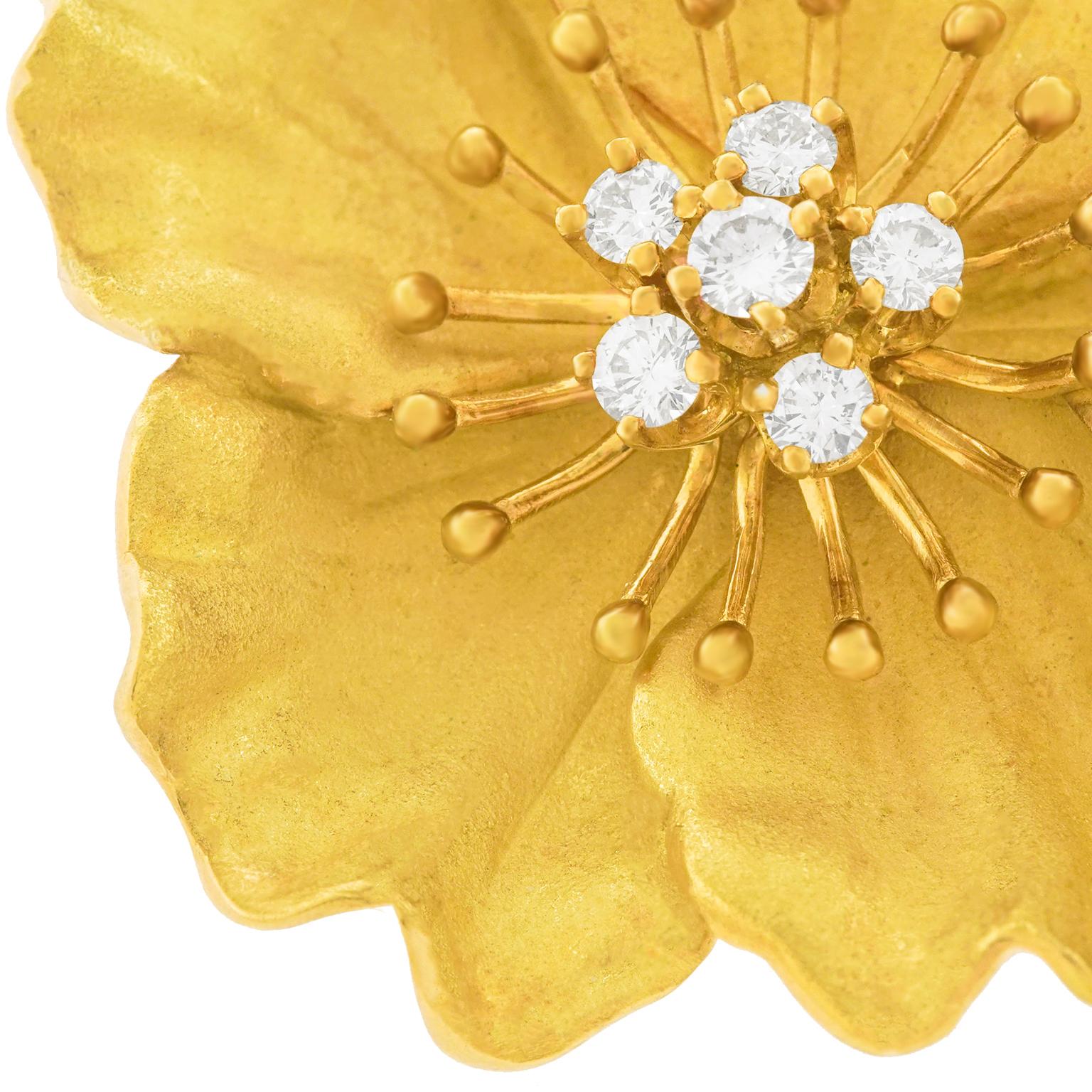 Women's or Men's Tiffany & Co. Gold Flower Brooch with Diamonds