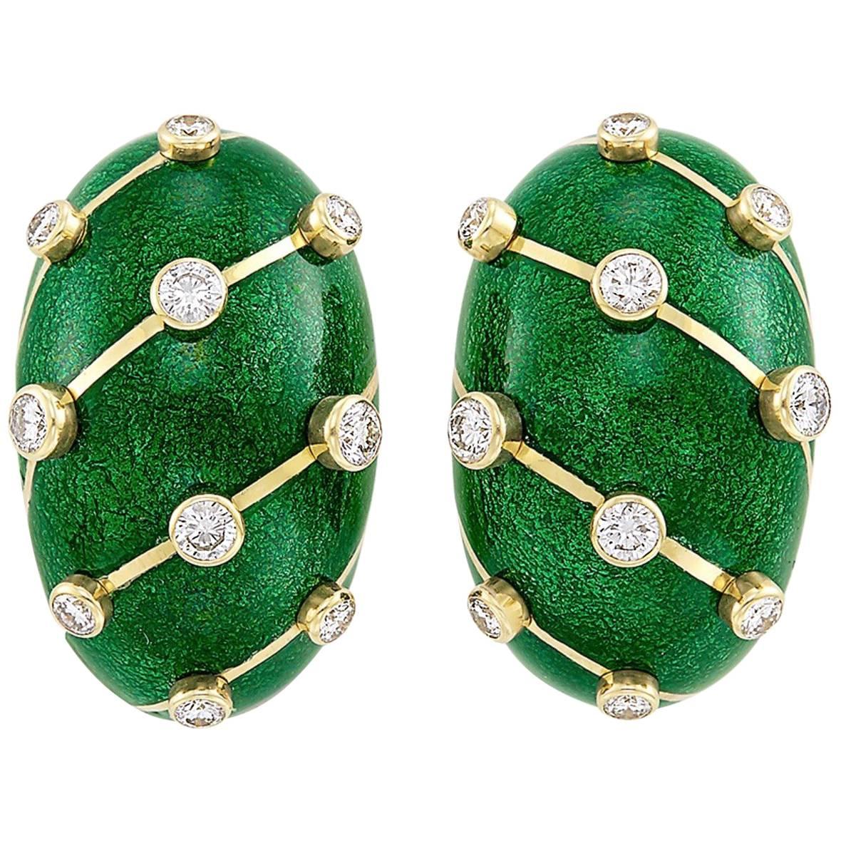 Tiffany & Co. Gold, Green Paillonné Enamel and Diamond Clip-On Earrings