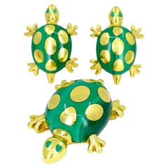 Tiffany & Co. Gold Malachite Earrings Brooch Turtle Set Estate Jewelry Vintage