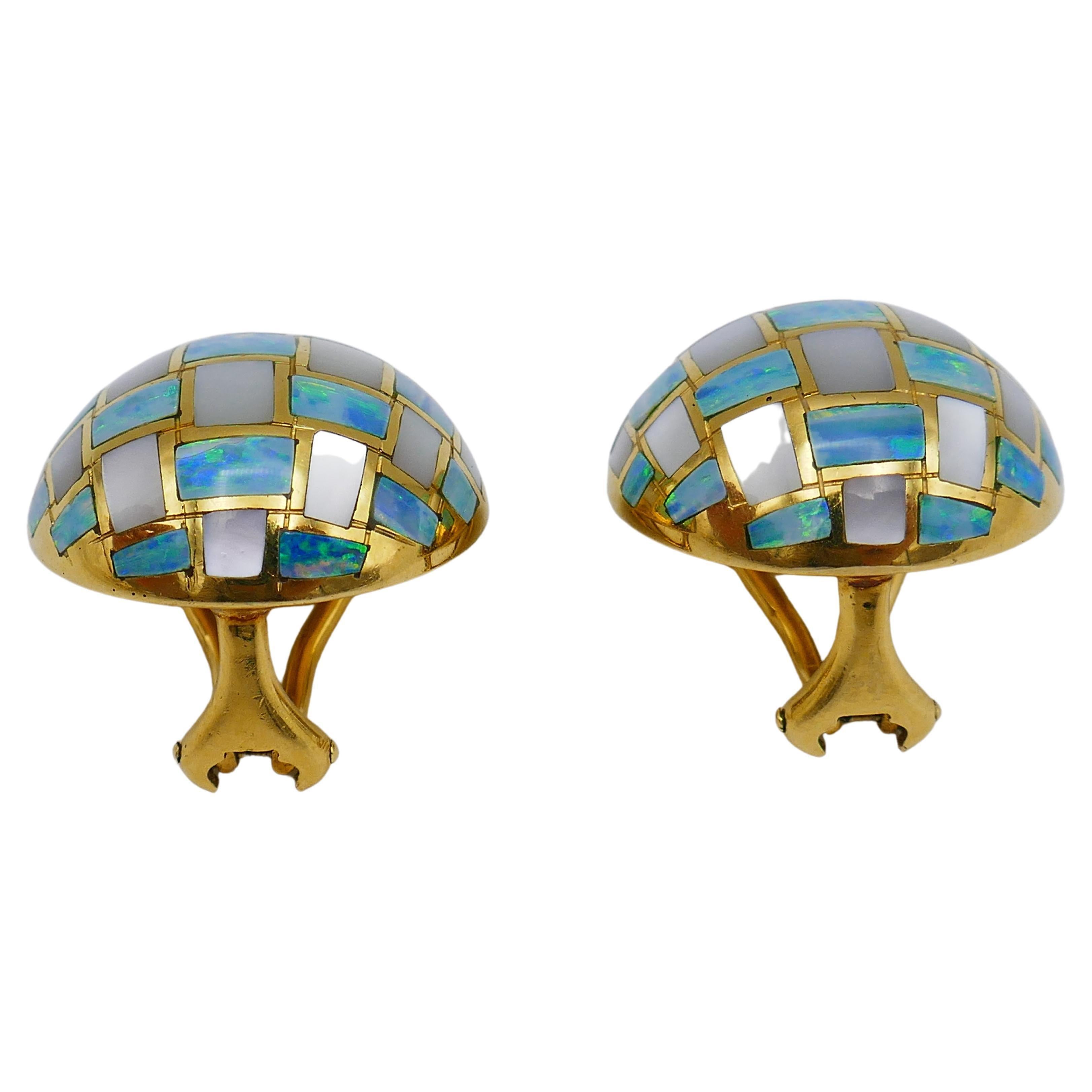 Mixed Cut Tiffany & Co. Gold Opal Mother-of-Pearl Checkerboard Clip-On Earrings