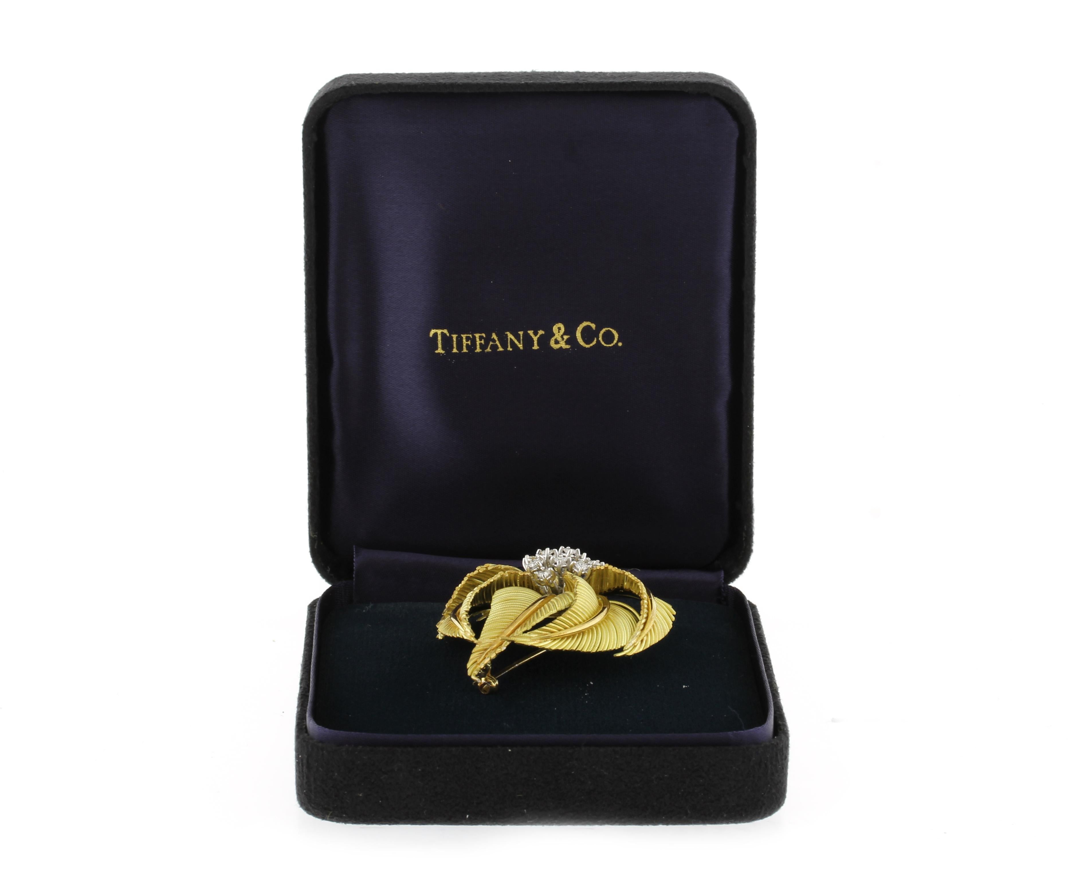 Round Cut Tiffany & Co. Gold Palm Diamond Statement Brooch For Sale