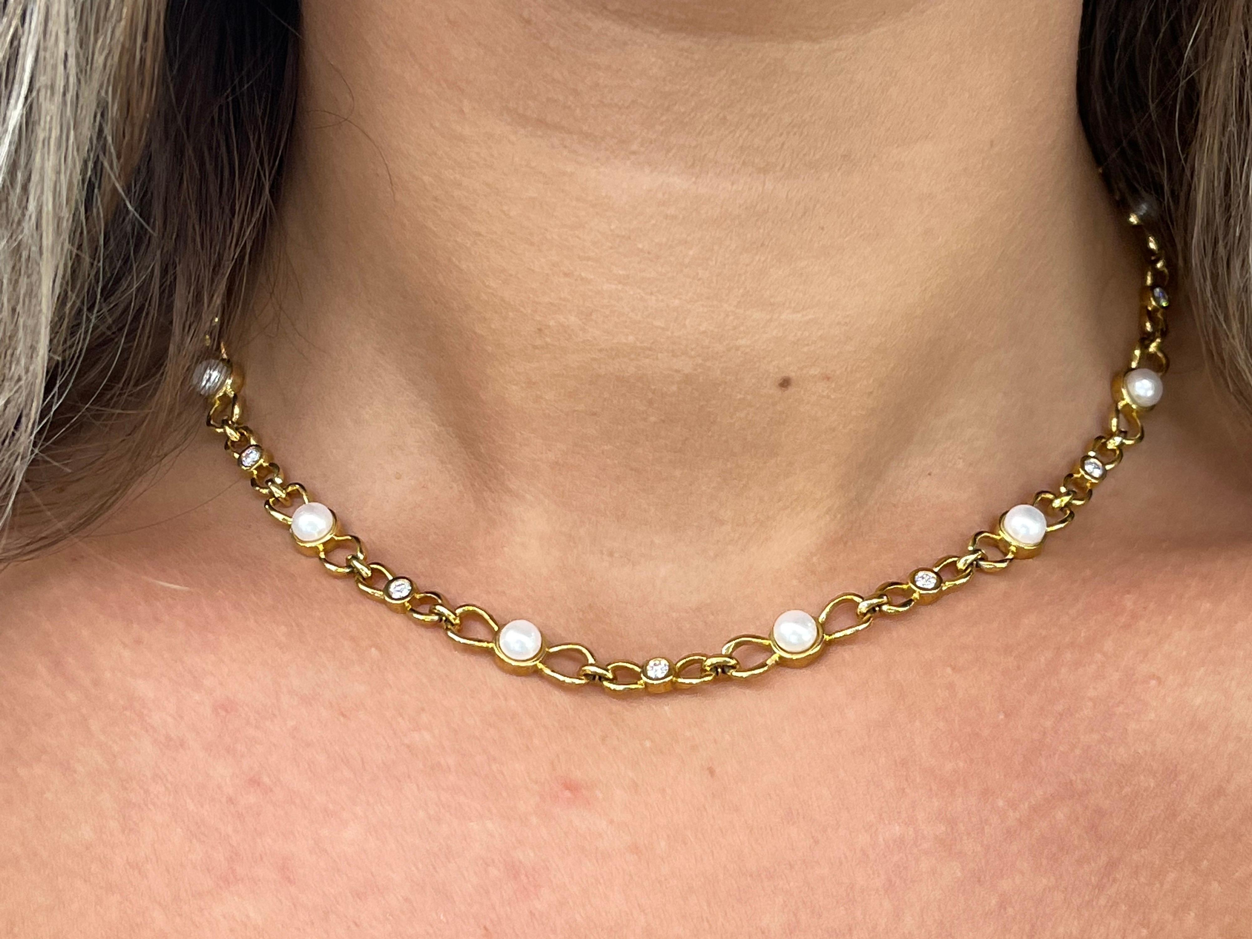Round Cut Tiffany & Co. Gold Pearl Diamond Bow Tie Link Necklace