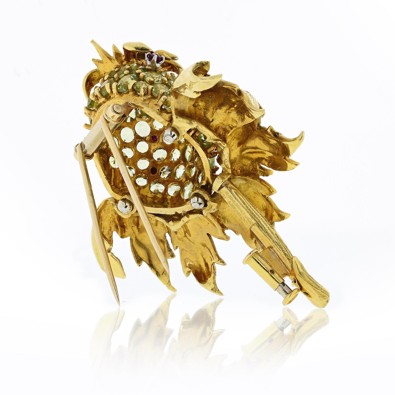 Modern Tiffany & Co. Gold Platinum Peridot and Ruby Schlumberger 'Thistle' Clip-brooch