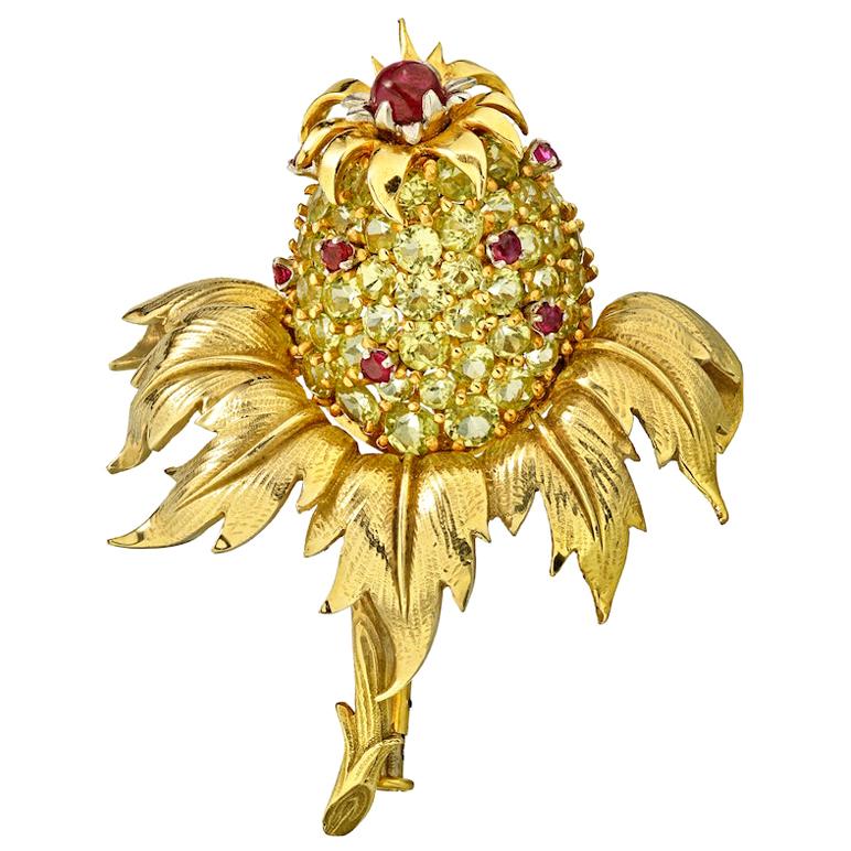 Tiffany & Co. Gold Platinum Peridot and Ruby Schlumberger 'Thistle' Clip-brooch