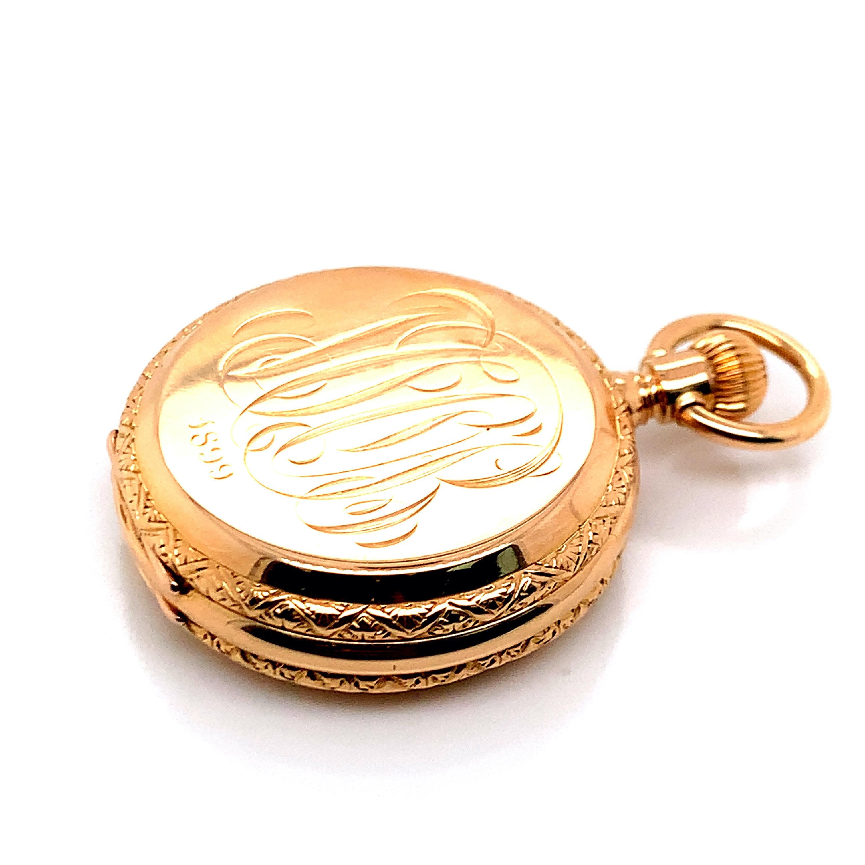 A two-sided Tiffany & Co. gold pocket watch.

- Signed Tiffany & Co. New York
- 1899
- Serial No. 99103
- Weight: 44.5 grams
- Length and width: 3.5 cm

Please note that it is not guaranteed for the watch to be keeping time.
