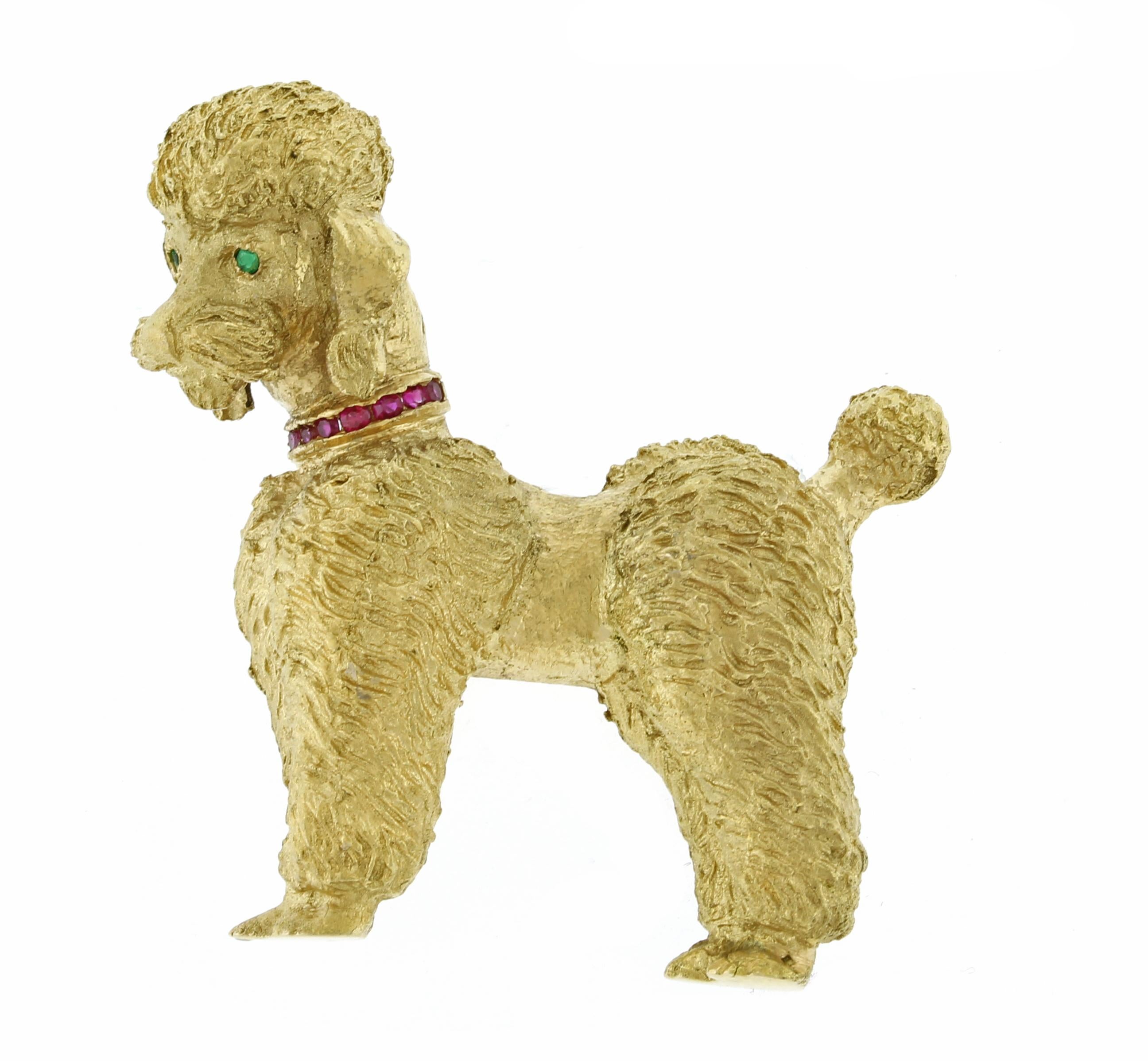 Single Cut Tiffany & Co. Gold Poodle Brooch with Rubies and Emeralds