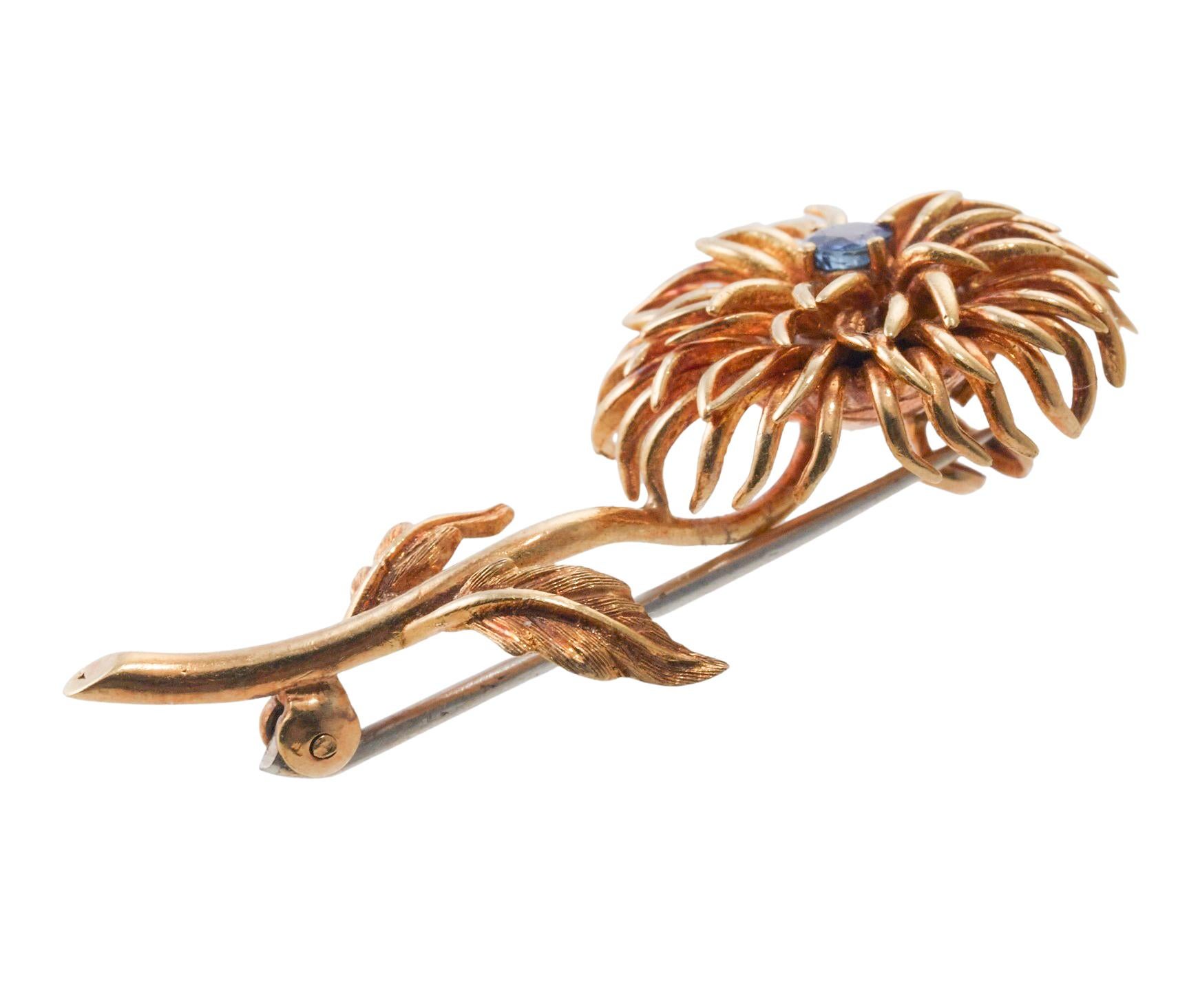 Tiffany & Co. Gold Sapphire Flower Pin Brooch In Excellent Condition For Sale In New York, NY
