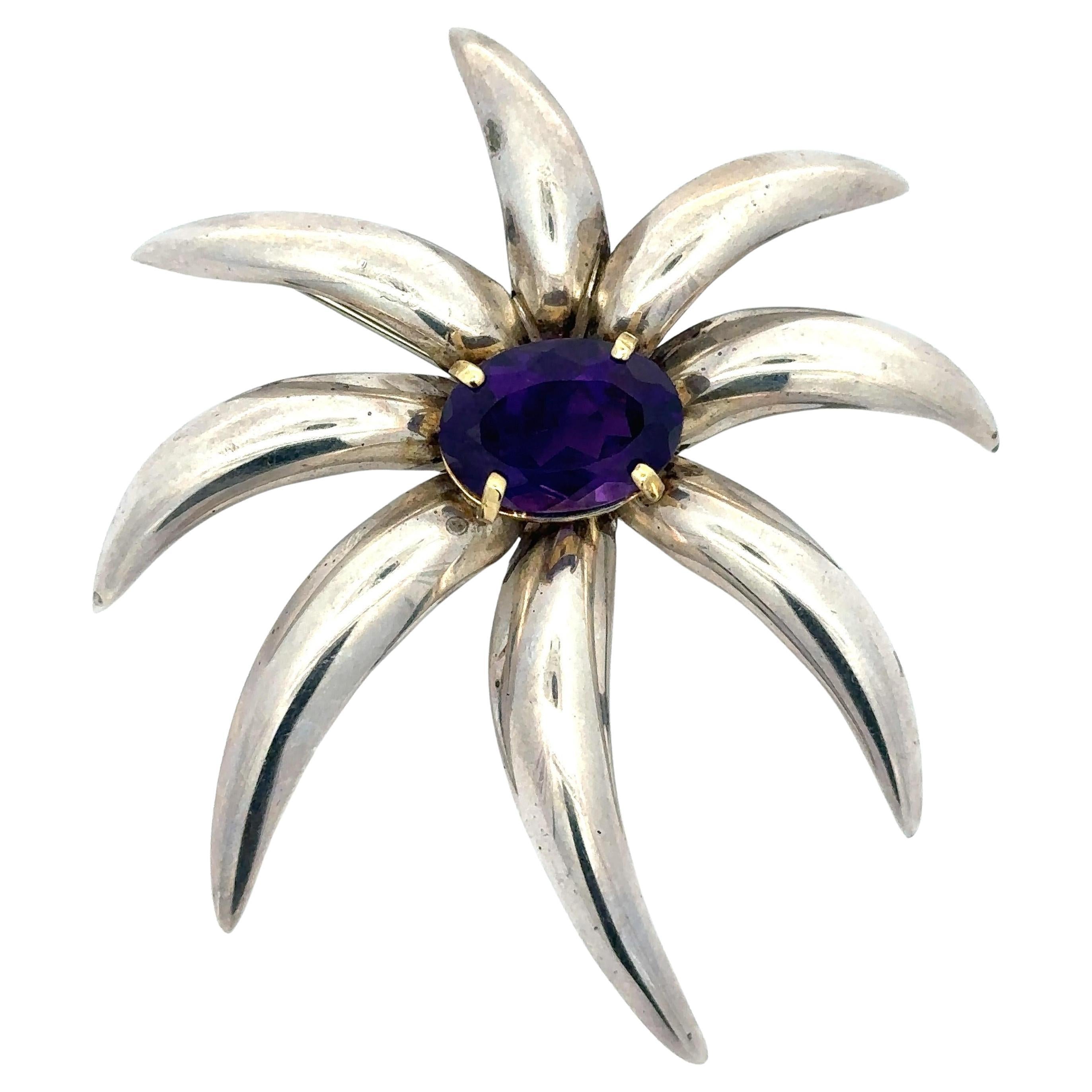 Tiffany 
Co. Gold 
Silber Große Oval tief lila Amethyst Feuerwerk Pin Brosche