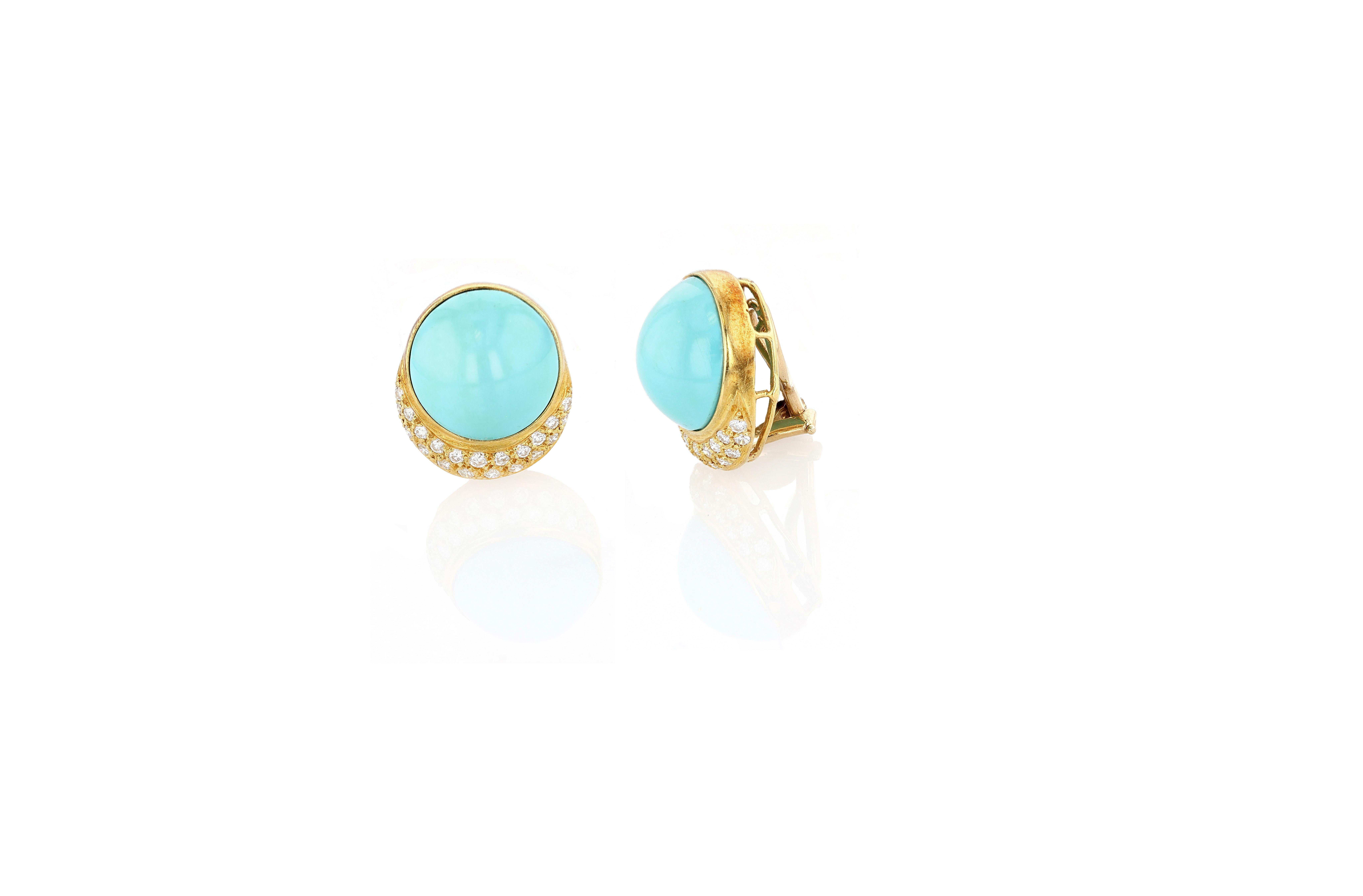 A happy vintage pair of 18 karat gold, turquoise, and diamond button ear clips by Tiffany & Co. The clips prominently center bezel set turquoise, accented below by pave set round brilliant diamonds, the 42 diamonds totaling approximately 1.26
