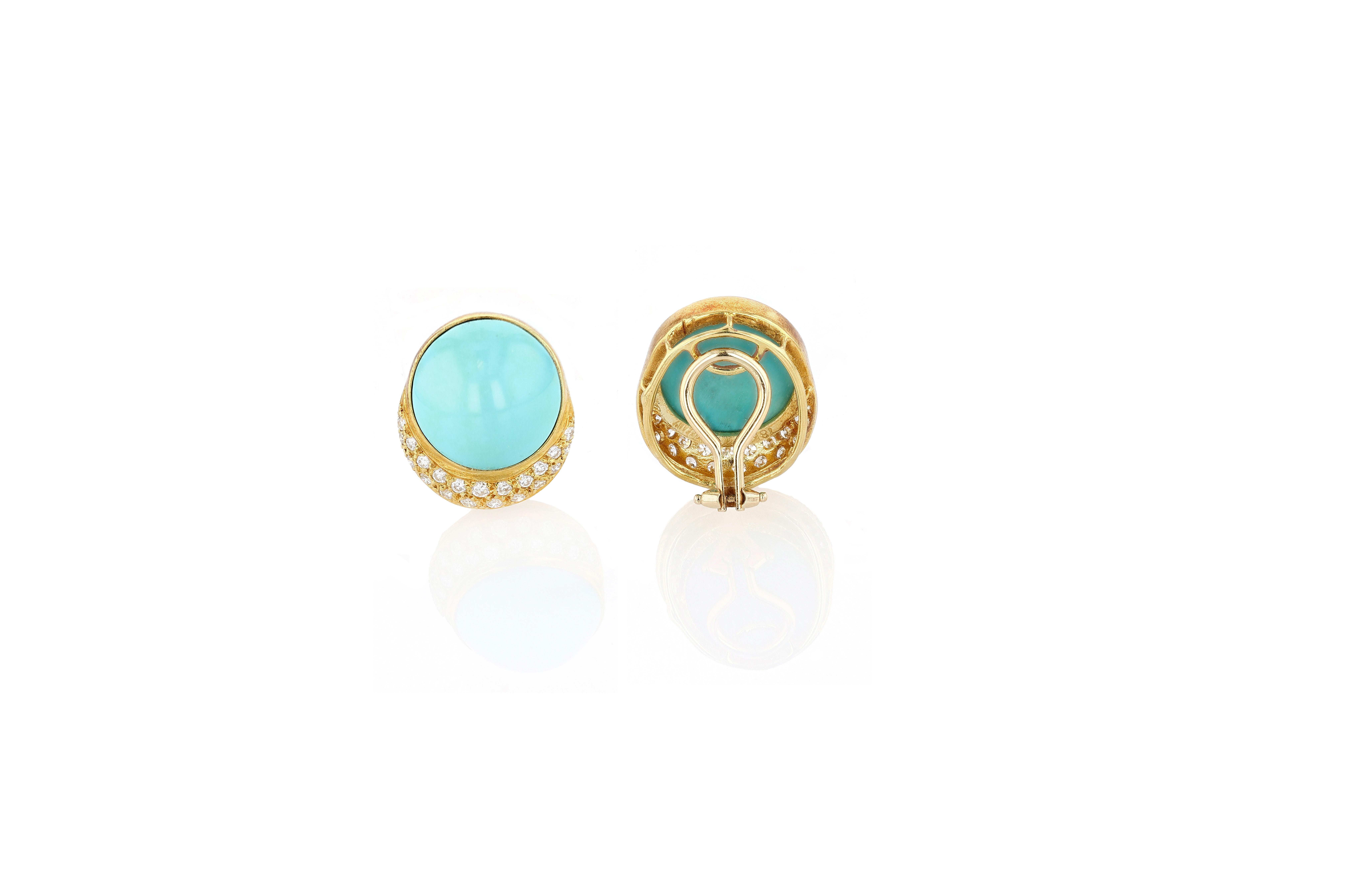 Tiffany & Co. Gold, Turquoise, and Diamond Ear Clips Corte brillante en venta