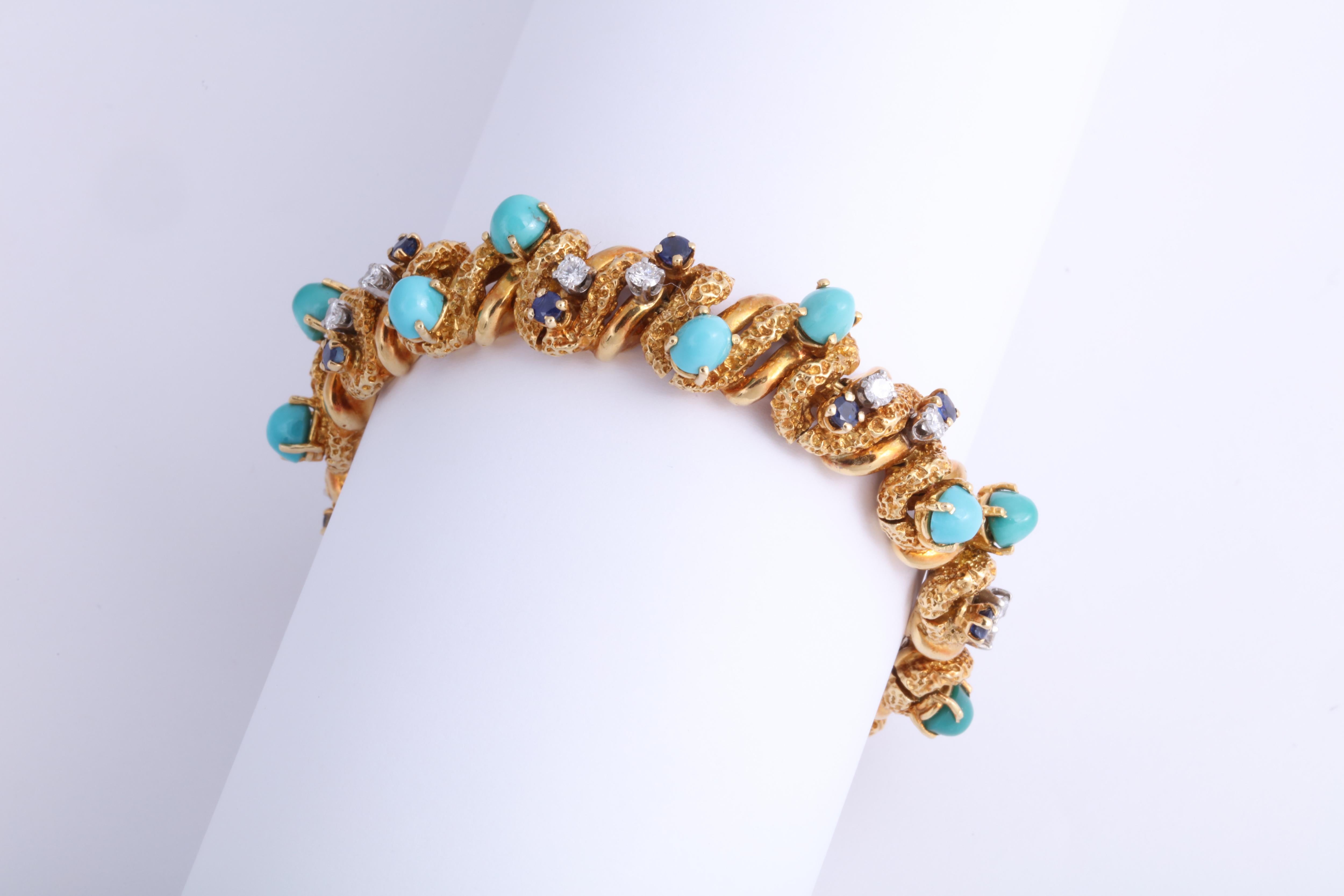 Romantic Tiffany & Co. Gold, Turquoise, Faceted Sapphire and Diamond Bracelet
