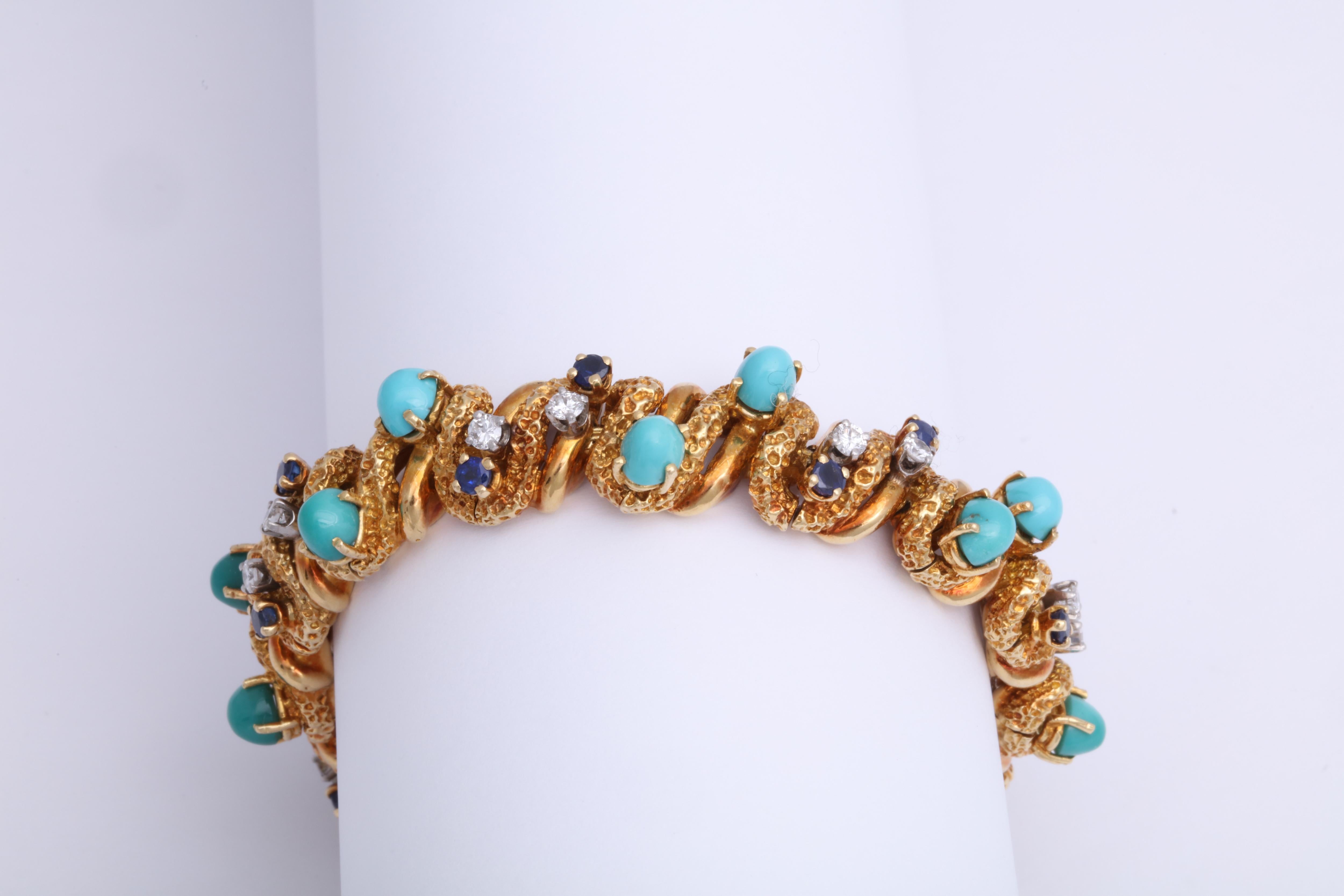 Tiffany & Co. Gold, Turquoise, Faceted Sapphire and Diamond Bracelet In Excellent Condition In New York, NY