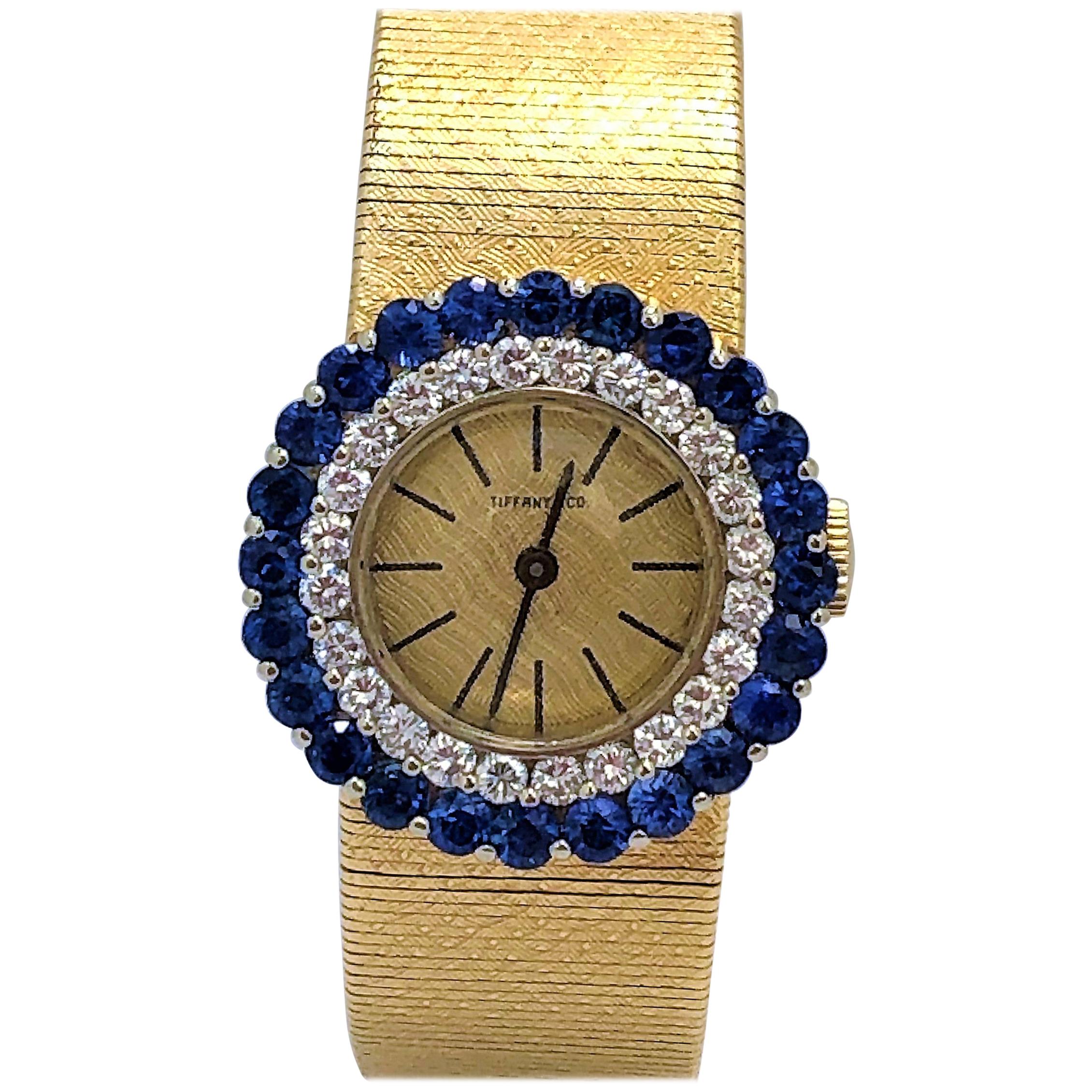 Tiffany & Co. Gold Watch with One Diamond Bezel and One Sapphire Bezel