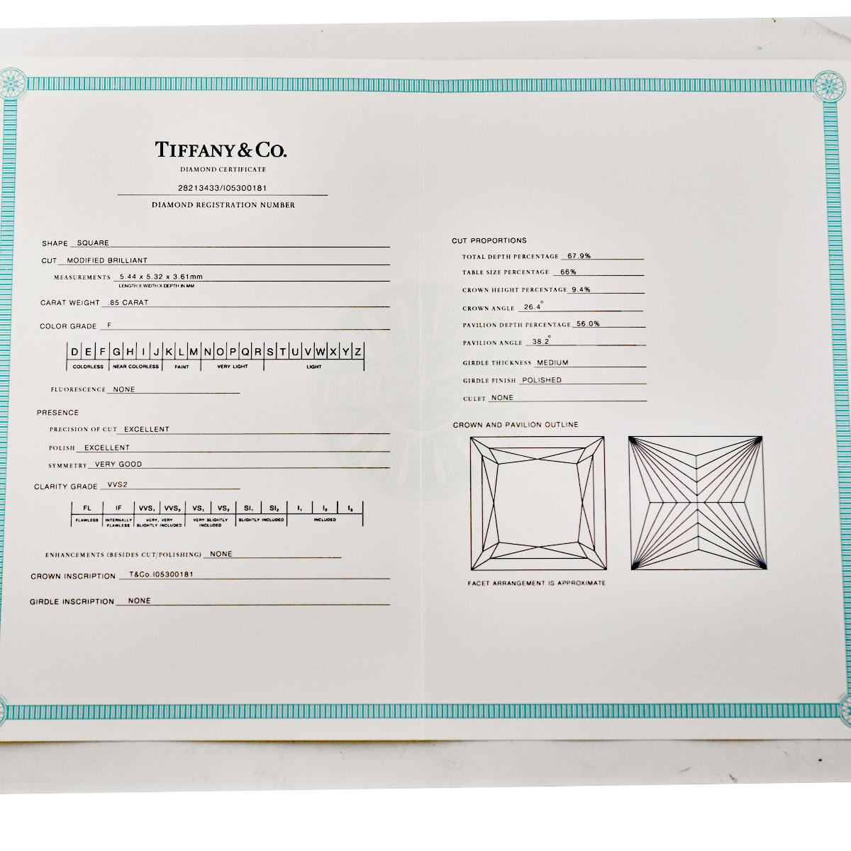 Tiffany & Co. Grace 0.85 Carat Square Cut Diamond Platinum Ring US 4.25 1