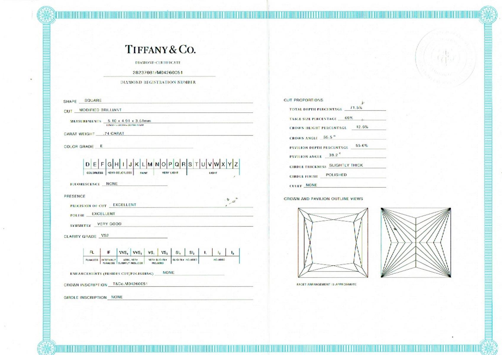 Tiffany & Co GRACE Prinzessin Diamant Verlobungsring 
Stil:  Vierzackiges Band mit Diamant
Diamant-Zertifikat:  28237081/M04260051
Metall:  Platin PT950
Größe:  6.25 große
TCW:  0.89 tcw
Hauptdiamant:  Prinzessin Diamant 0,74 Karat 
Farbe &