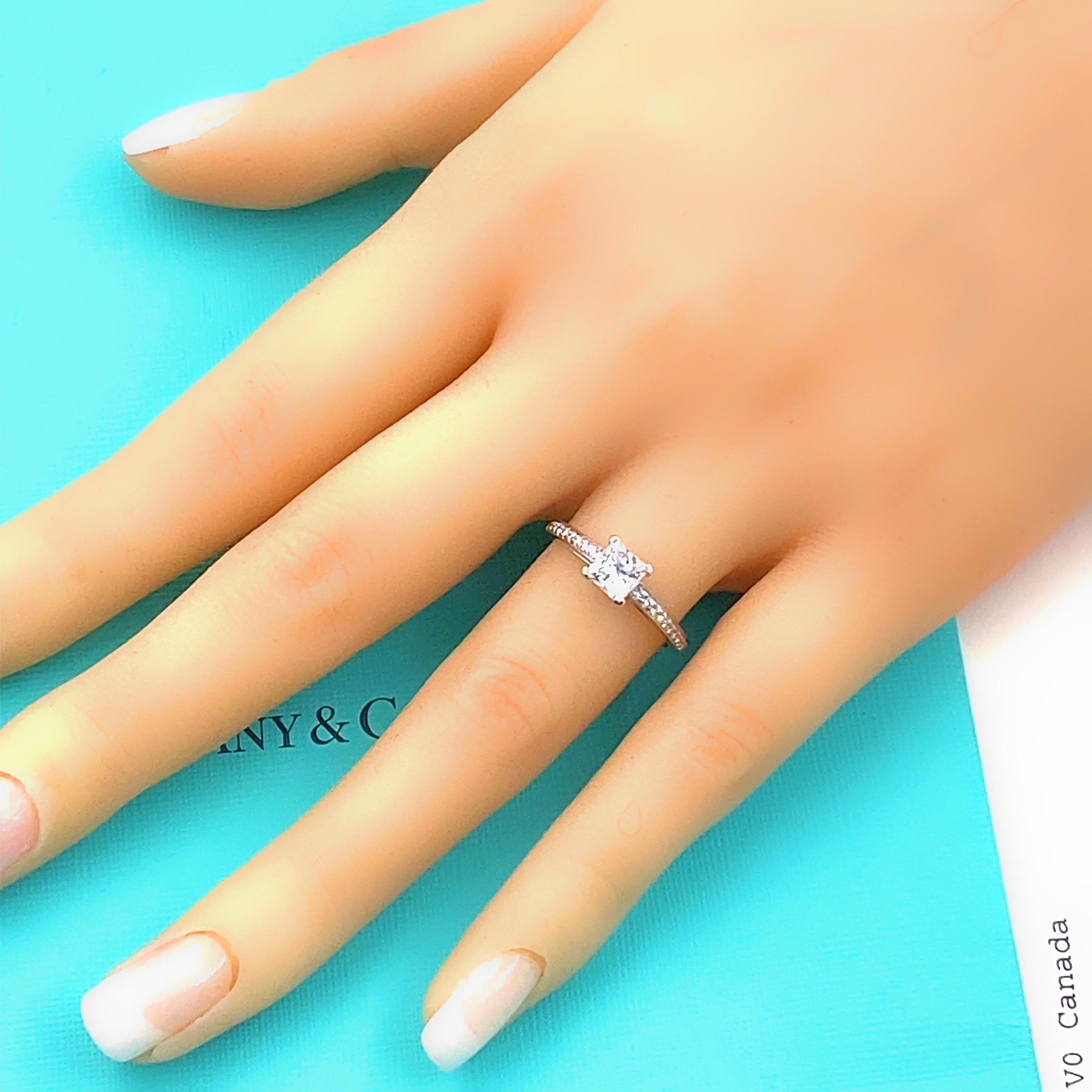Princess Cut Tiffany & Co Grace Princess Diamond 0.89 Tcw Engagement Ring Diamond Certificate For Sale