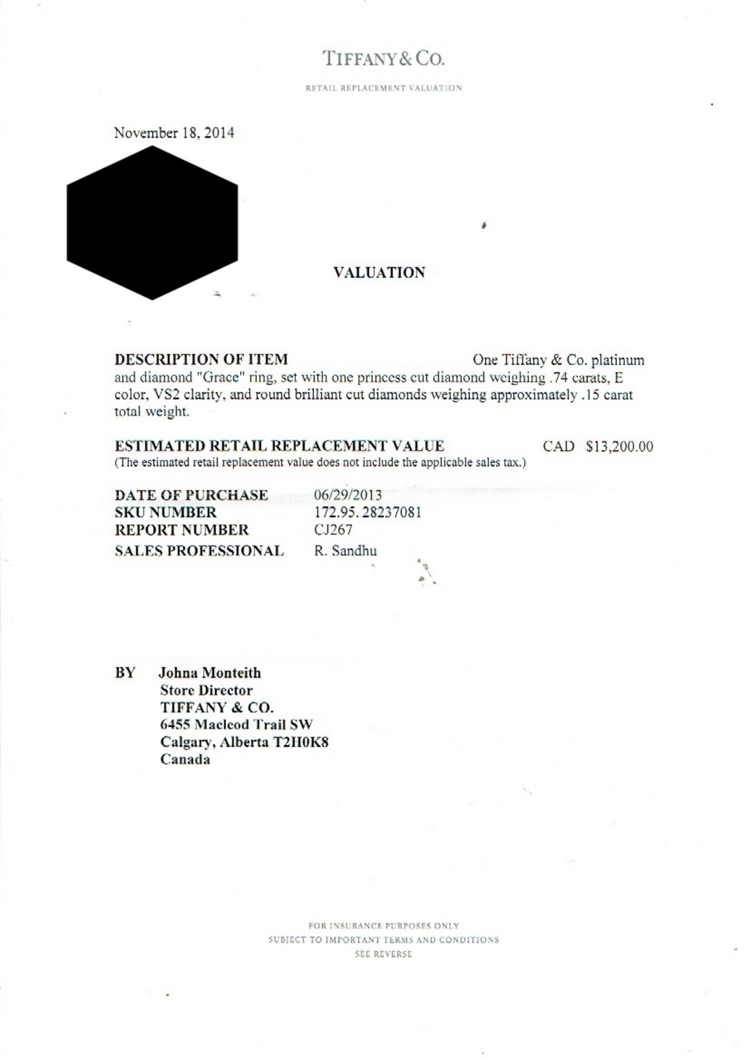 Diamant-Zertifikat von Tiffany & Co Grace Princess 0,89 Tcw Verlobungsring 2